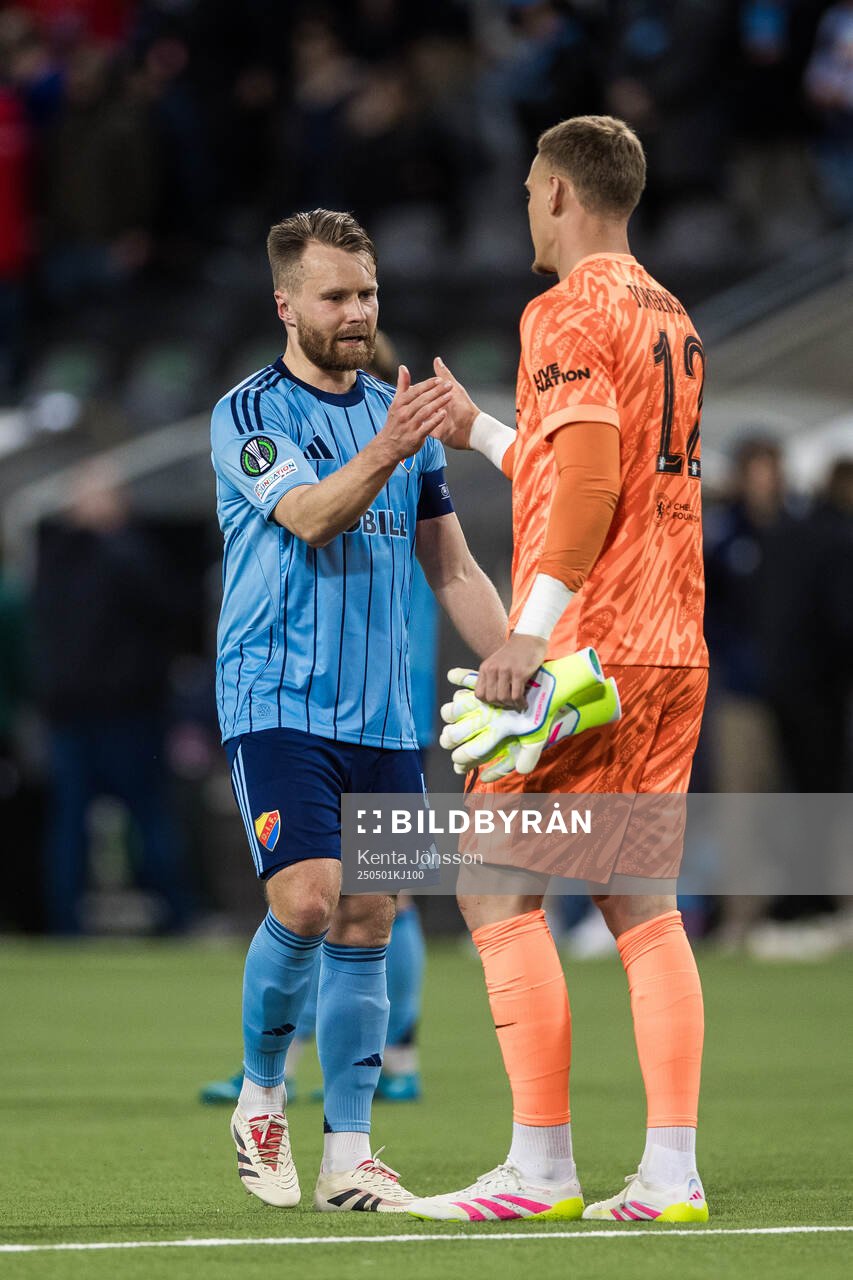 Jacob Une of Djurgården and goalkeeper Filip Jørgensen of