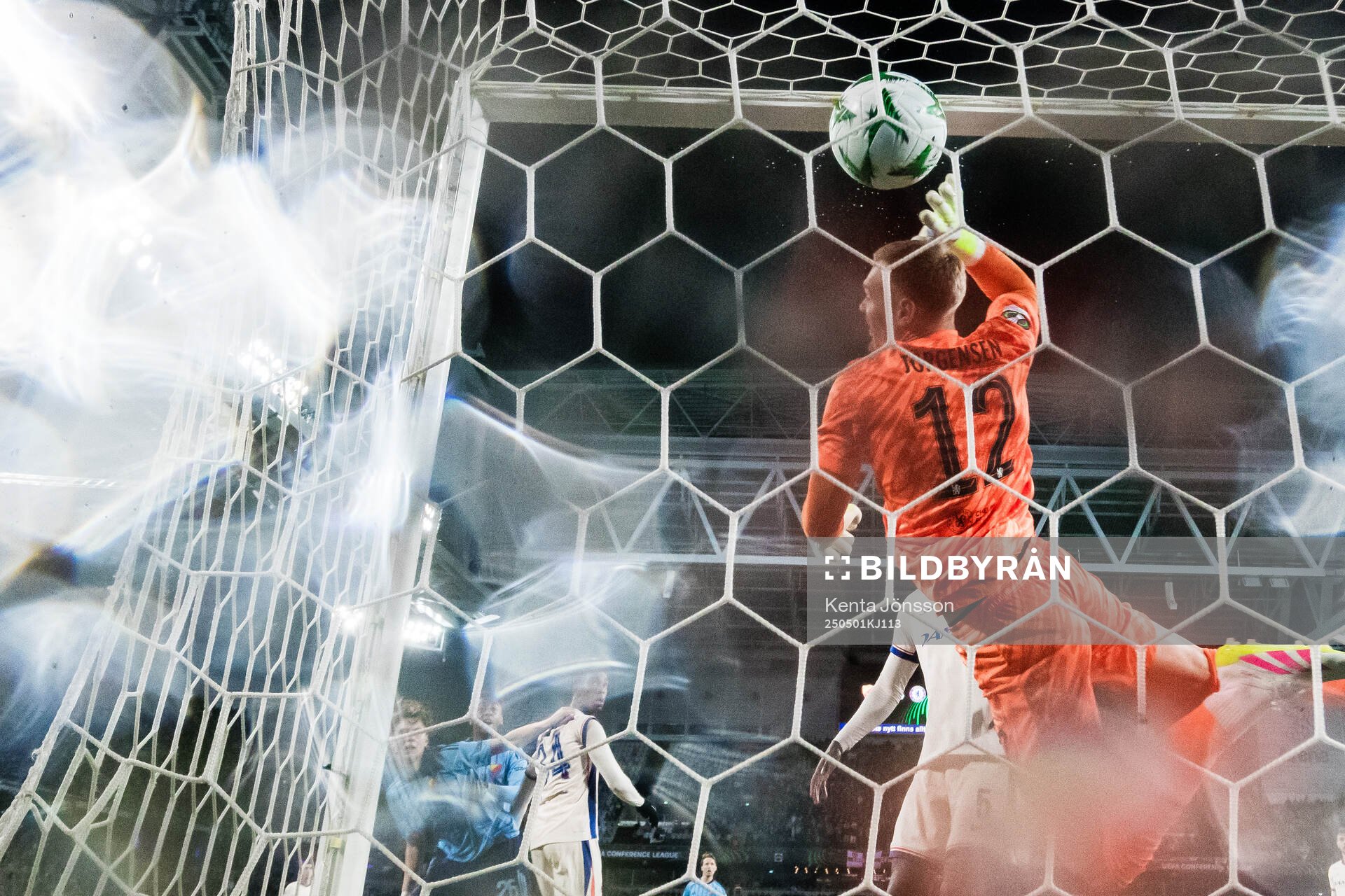 Isak Alemayehu Mulugeta of Djurgården scores 1-4 behind goalkeeper Filip Jørgensen of Chelsea during the UEFA Conference League semifinal between Djurgården and Chelsea on May 1, 2025 in Stockholm.