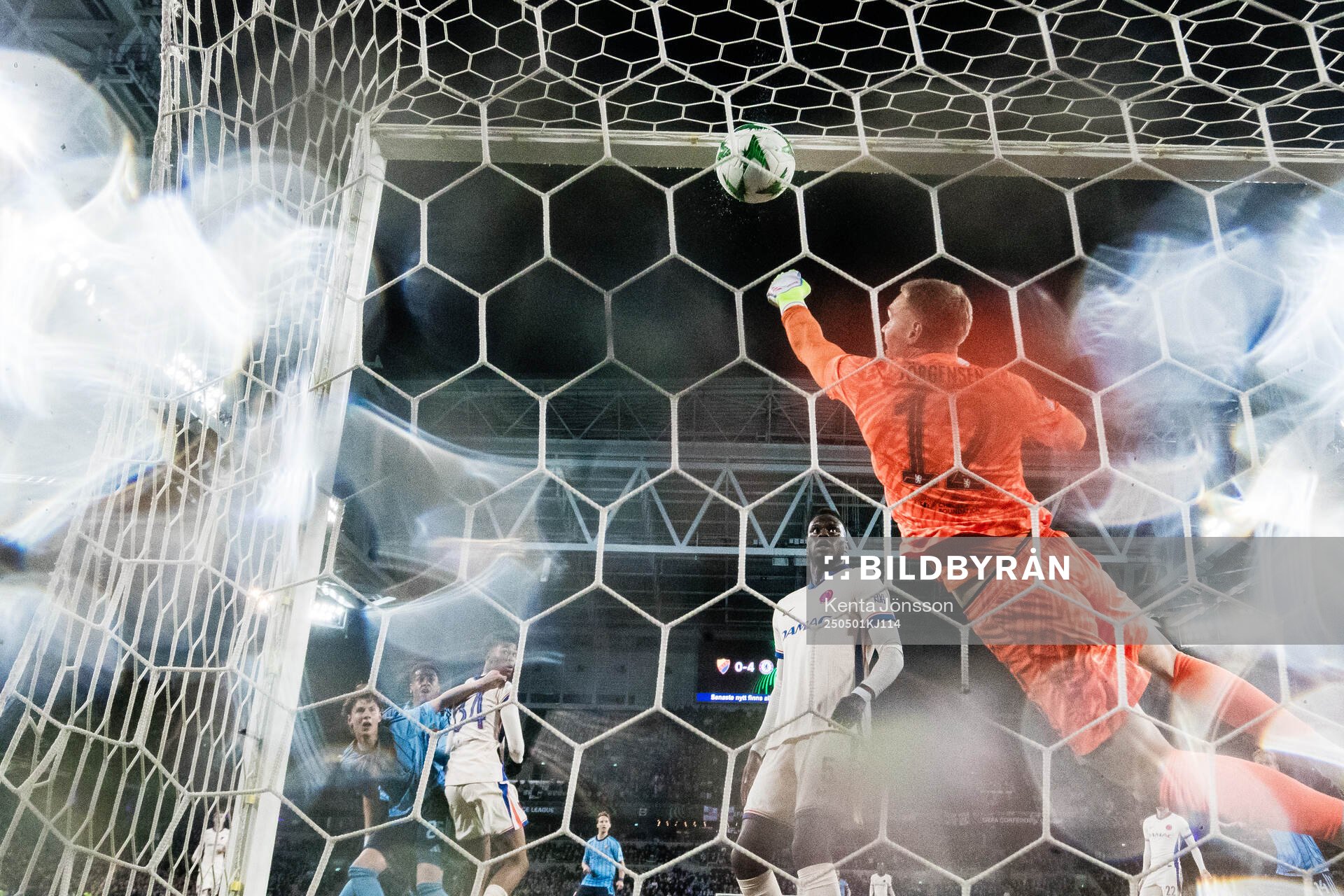 Isak Alemayehu Mulugeta of Djurgården scores 1-4 behind goalkeeper Filip Jørgensen of Chelsea during the UEFA Conference League semifinal between Djurgården and Chelsea on May 1, 2025 in Stockholm.