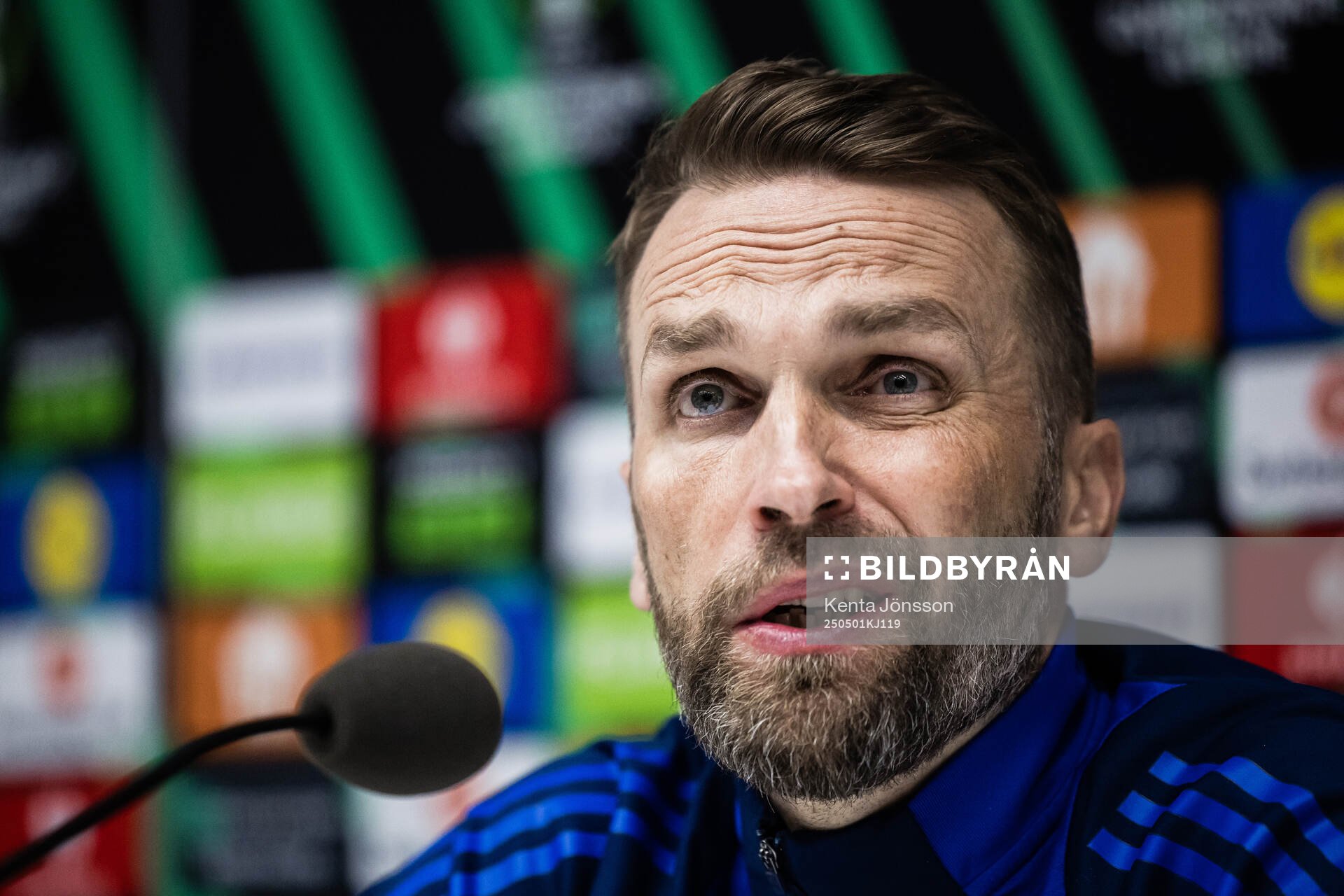 Coach Jani Honkavaara of Djurgården during the press conference after the UEFA Conference League semifinal between Djurgården and Chelsea on May 1, 2025 in Stockholm.