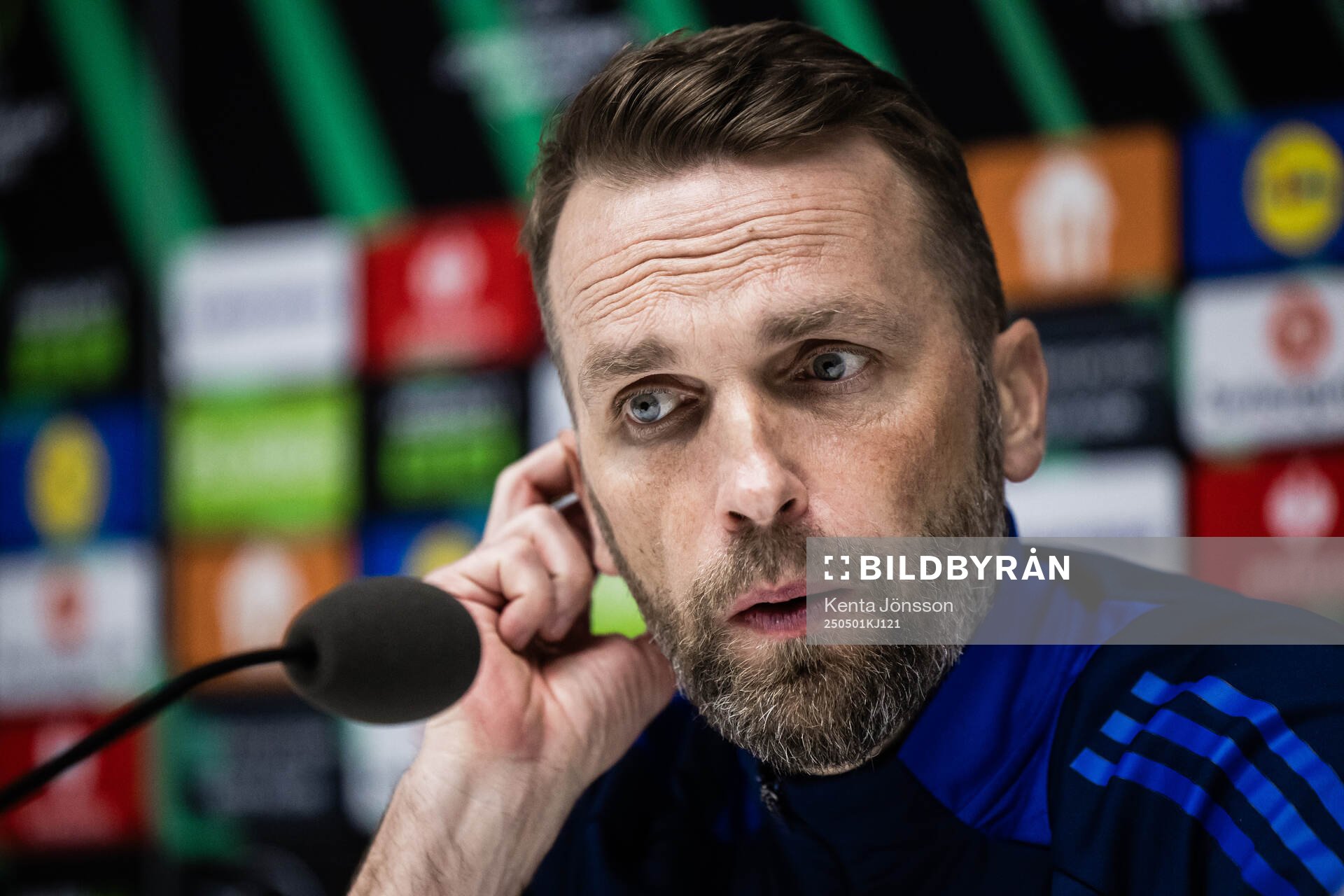 Coach Jani Honkavaara of Djurgården during the press conference after the UEFA Conference League semifinal between Djurgården and Chelsea on May 1, 2025 in Stockholm.