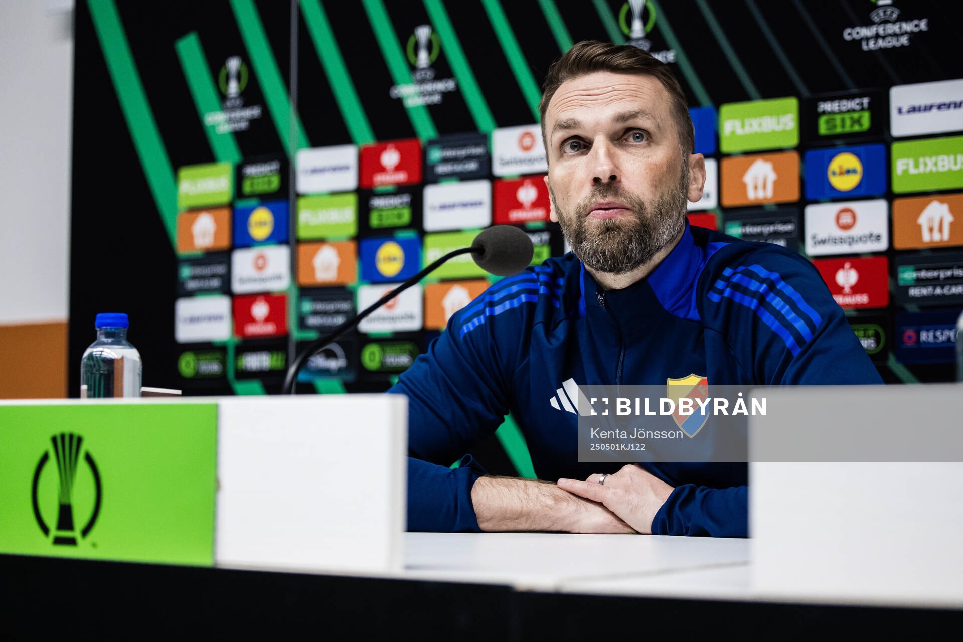 Coach Jani Honkavaara of Djurgården during the press conference after the UEFA Conference League semifinal between Djurgården and Chelsea on May 1, 2025 in Stockholm.