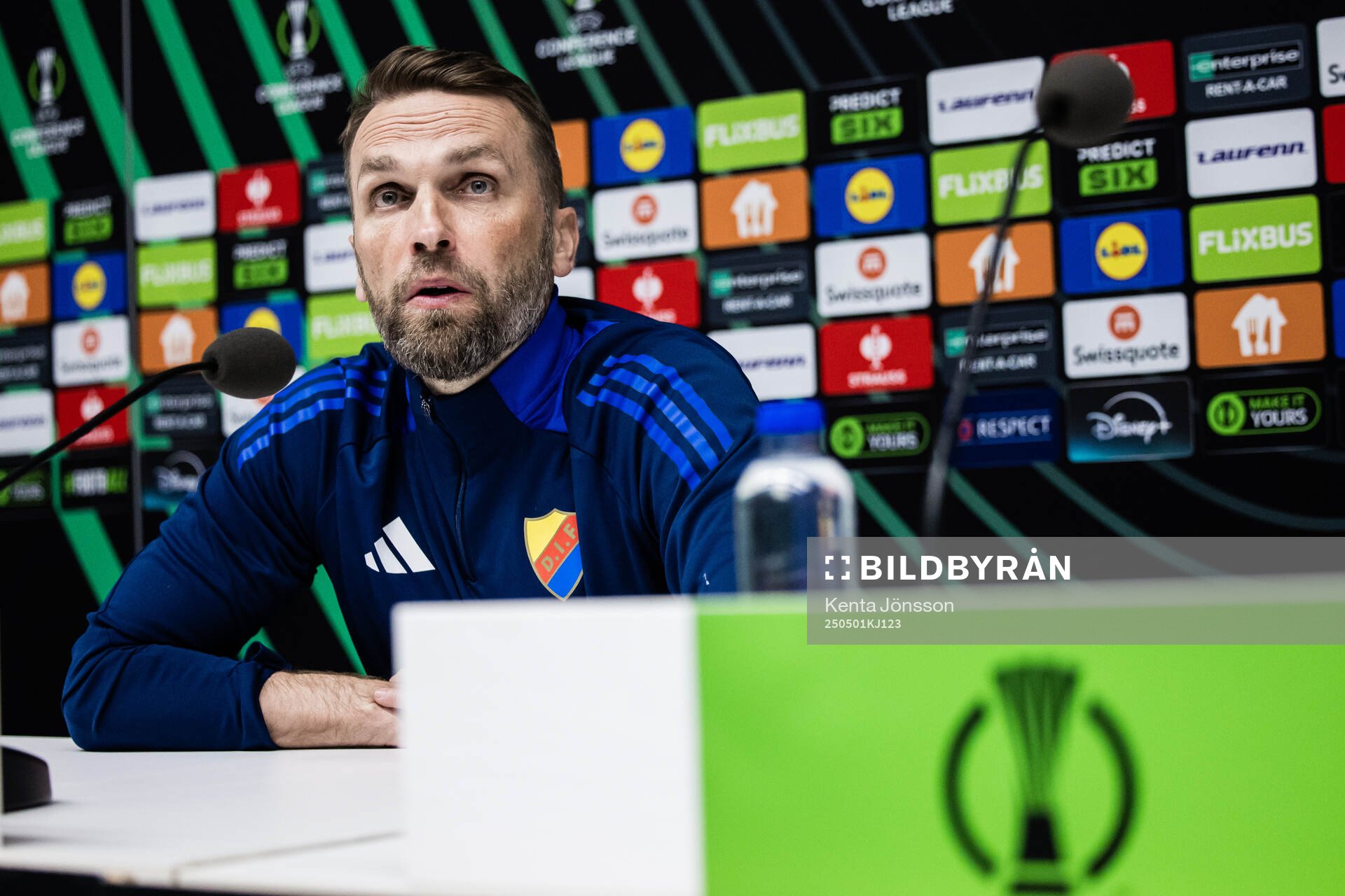 Coach Jani Honkavaara of Djurgården during the press conference after the UEFA Conference League semifinal between Djurgården and Chelsea on May 1, 2025 in Stockholm.