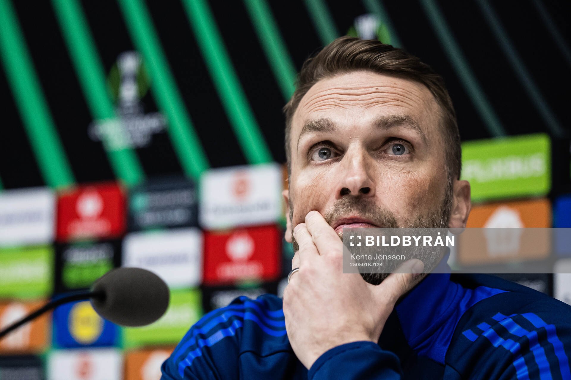 Coach Jani Honkavaara of Djurgården during the press conference after the UEFA Conference League semifinal between Djurgården and Chelsea on May 1, 2025 in Stockholm.