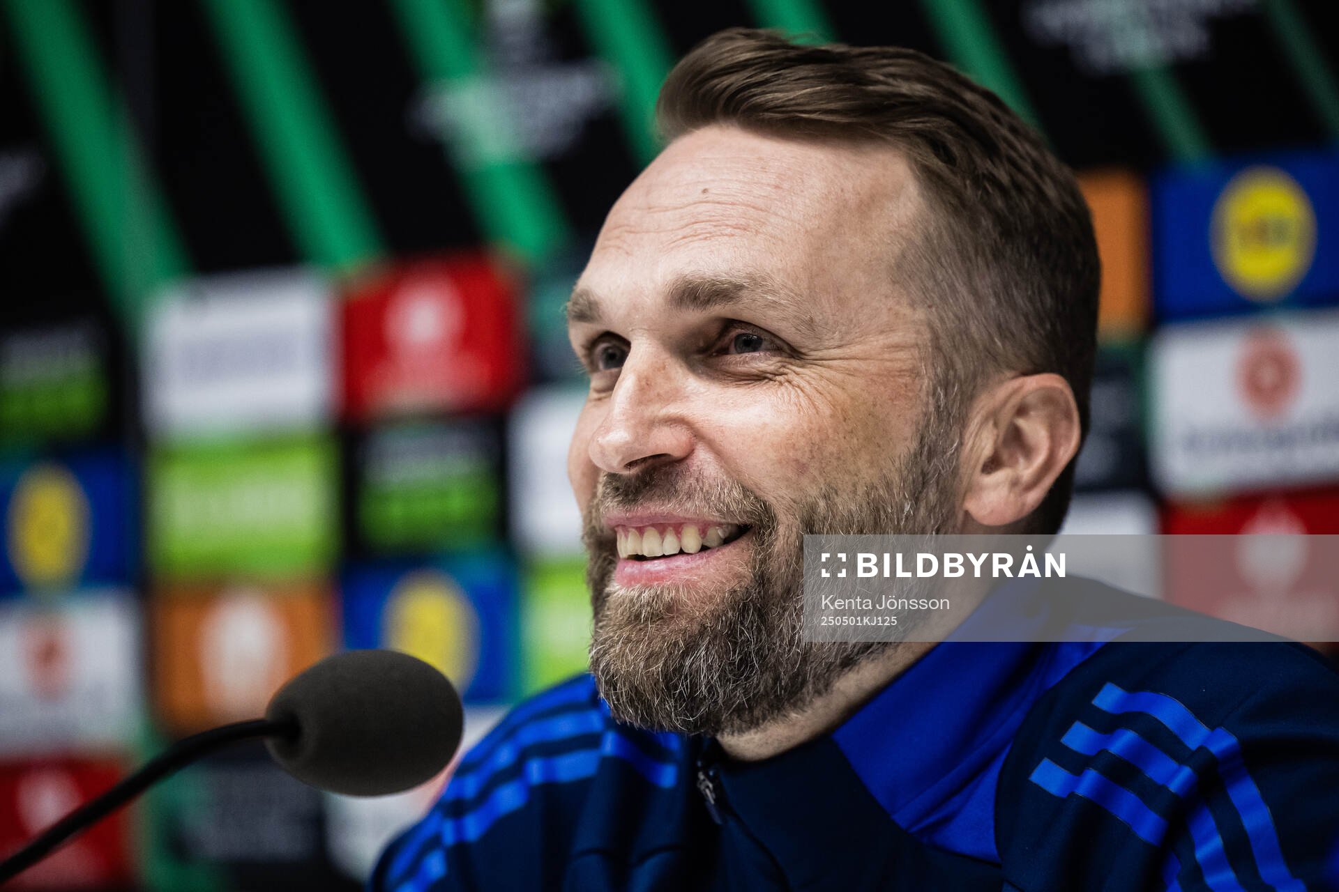 Coach Jani Honkavaara of Djurgården during the press conference after the UEFA Conference League semifinal between Djurgården and Chelsea on May 1, 2025 in Stockholm.