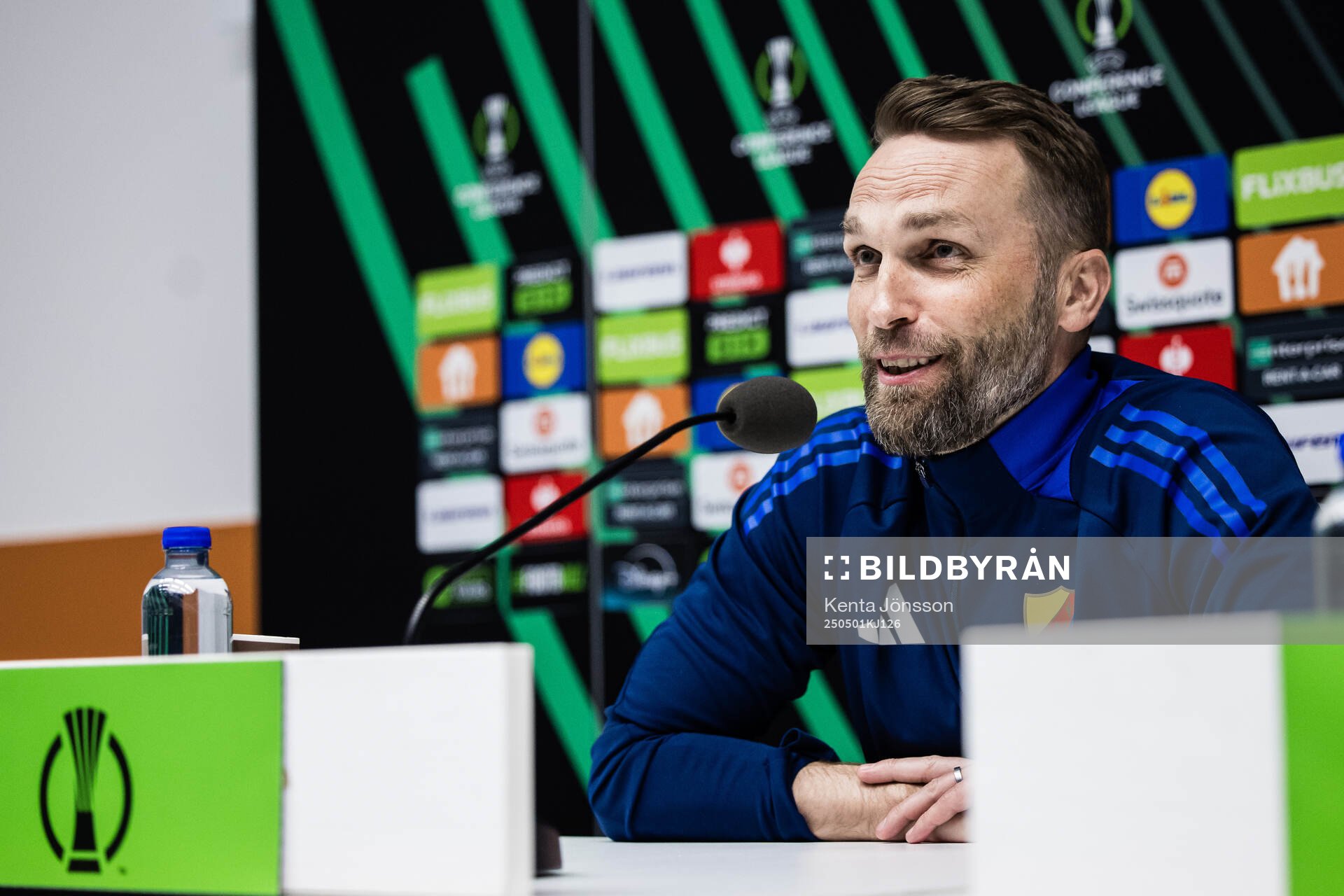 Coach Jani Honkavaara of Djurgården during the press conference after the UEFA Conference League semifinal between Djurgården and Chelsea on May 1, 2025 in Stockholm.