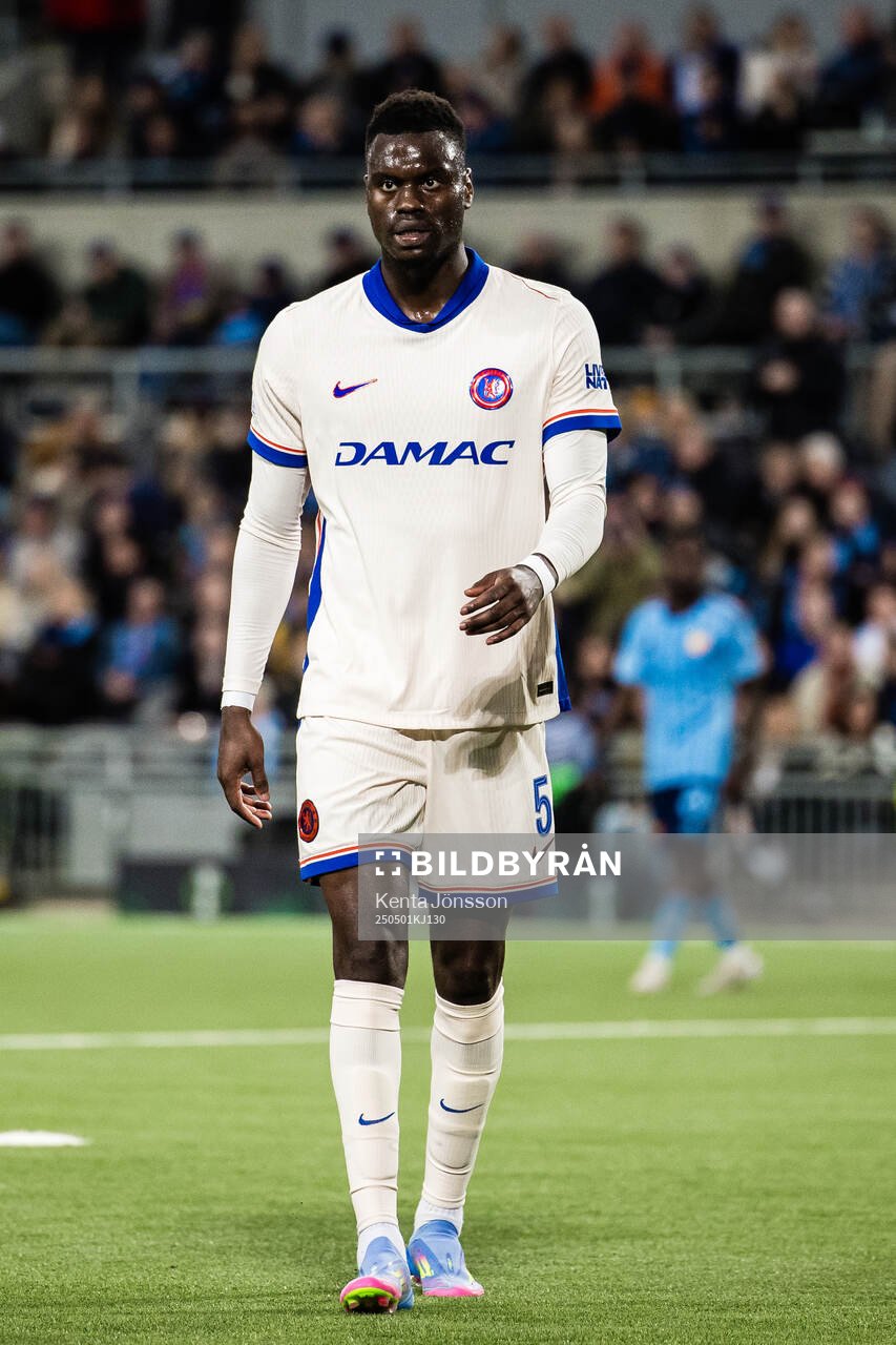 Benoît Badiashile of Chelsea during the UEFA Conference League semifinal between Djurgården and Chelsea on May 1, 2025 in Stockholm.