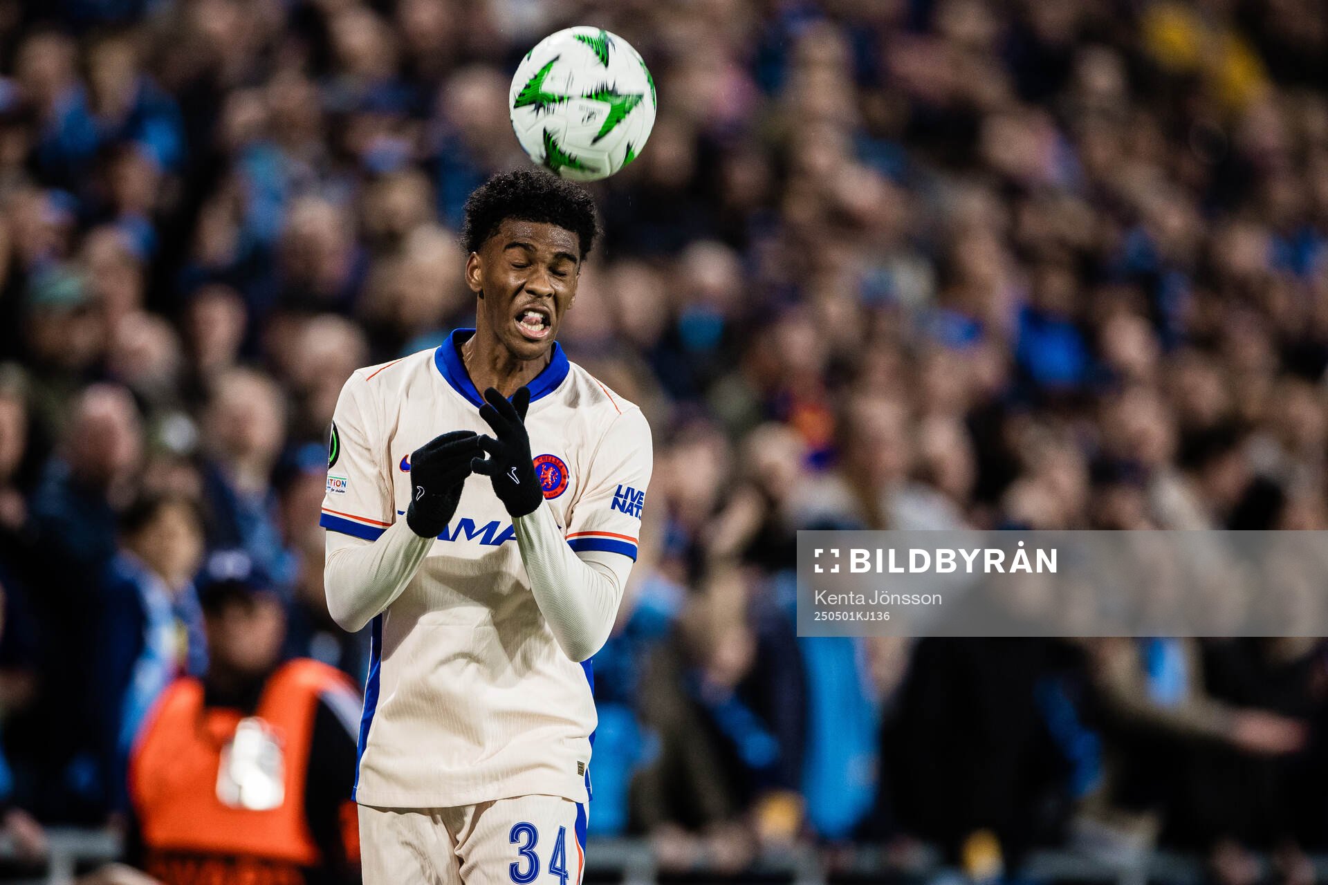 Joshua Acheampong of Chelsea during the UEFA Conference League semifinal between Djurgården and Chelsea on May 1, 2025 in Stockholm.