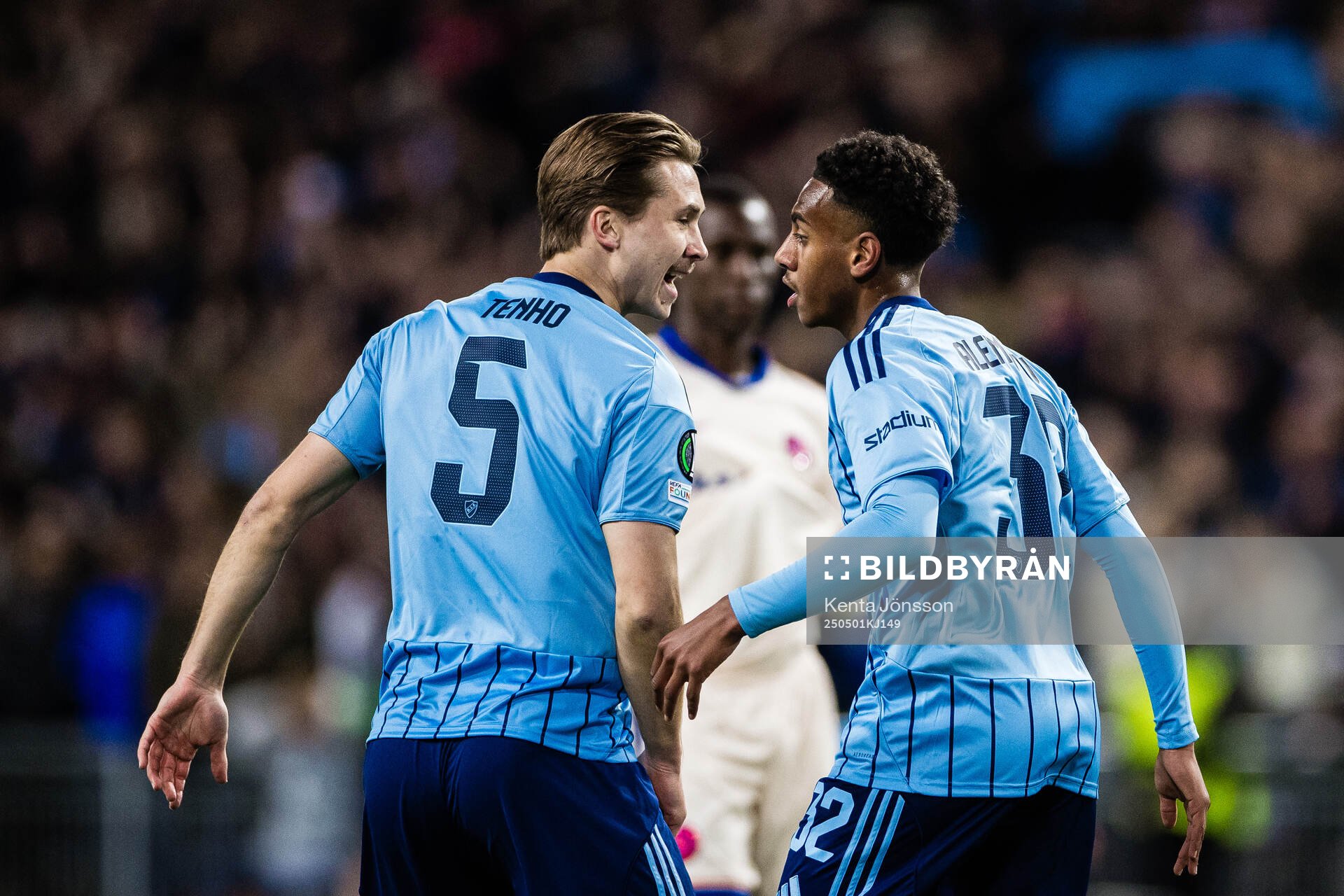 Isak Alemayehu Mulugeta and Miro Tenho celebrates after 1-4 during the UEFA Conference League semifinal between Djurgården and Chelsea on May 1, 2025 in Stockholm.