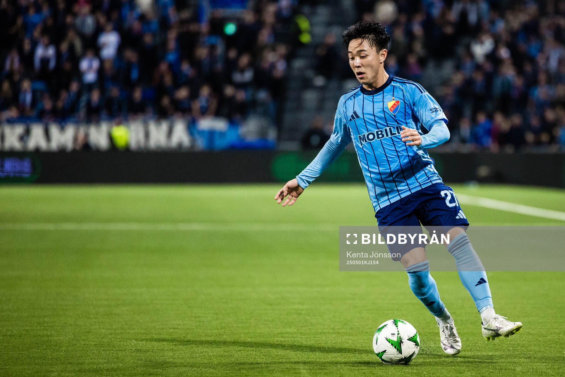 Keita Kosugi of Djurgården during the UEFA Conference League semifinal between Djurgården and Chelsea on May 1, 2025 in Stockholm.