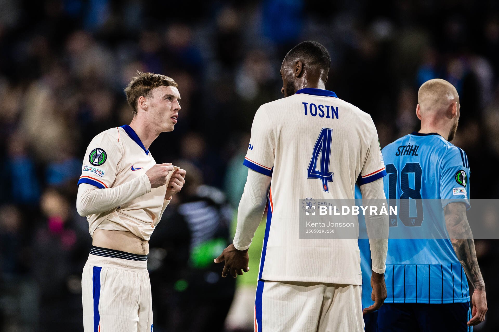Cole Palmer and Tosin Adarabioyo of Chelsea after the UEFA Conference League semifinal between Djurgården and Chelsea on May 1, 2025 in Stockholm.
