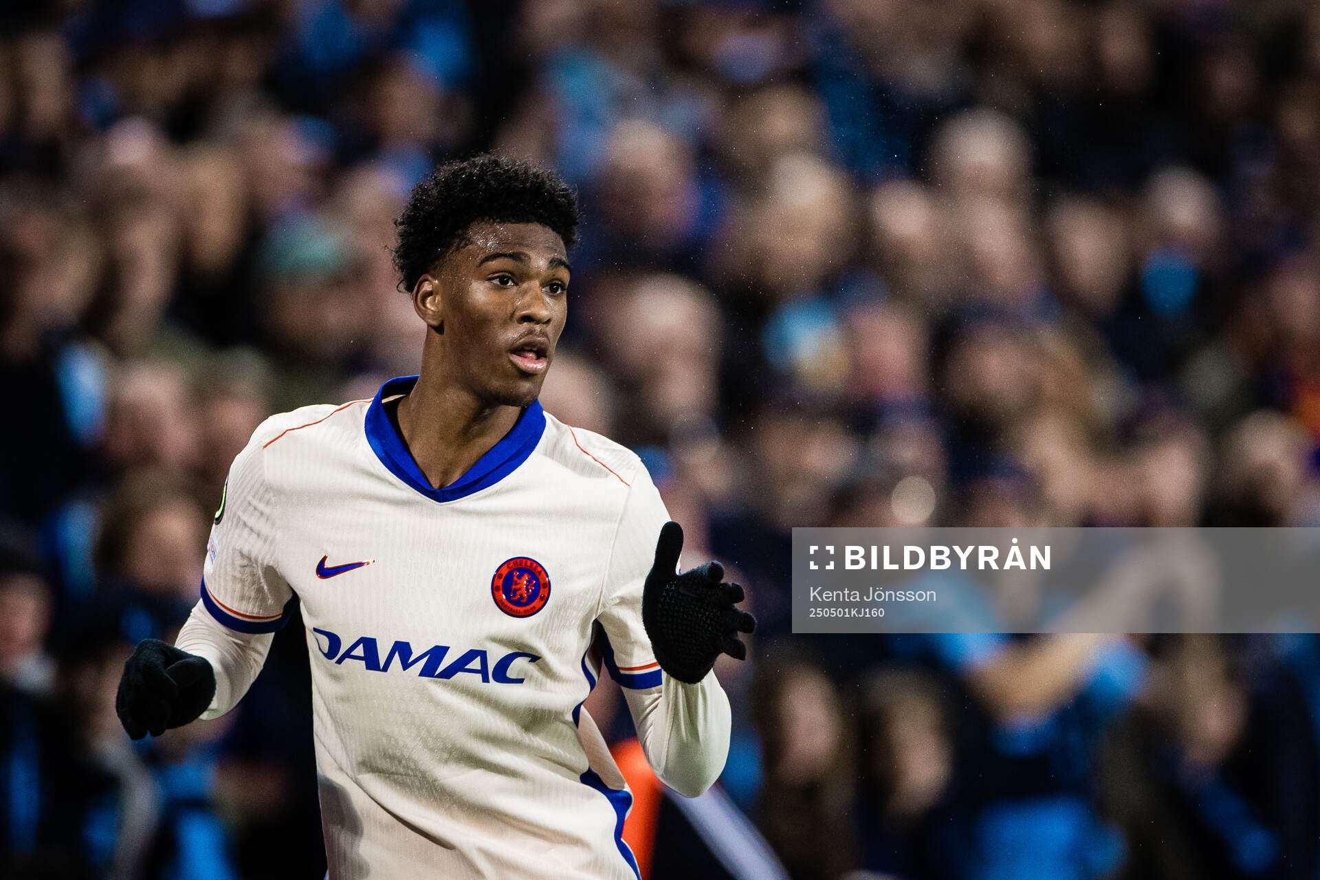 Joshua Acheampong of Chelsea during the UEFA Conference League semifinal between Djurgården and Chelsea on May 1, 2025 in Stockholm.