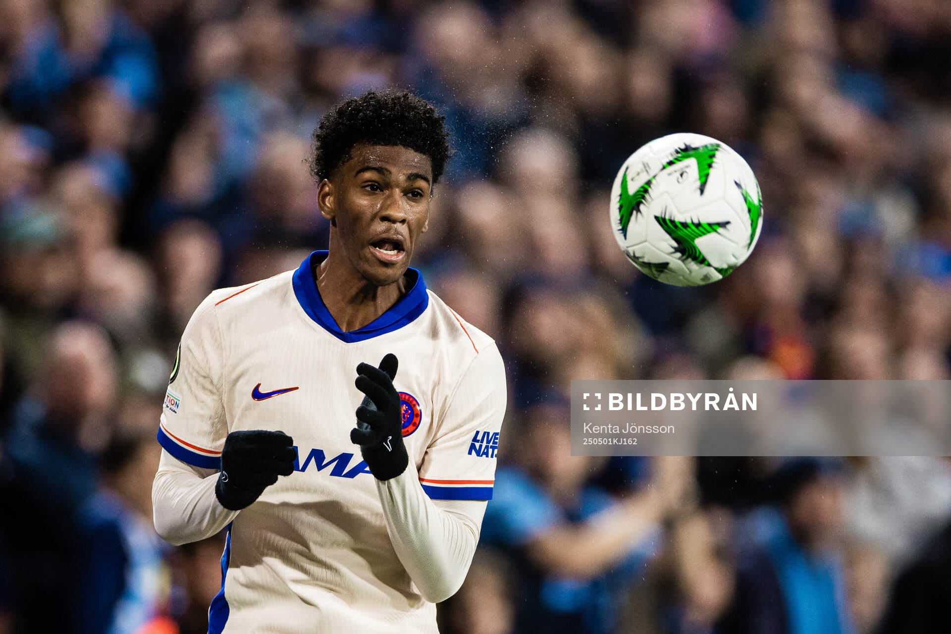 Joshua Acheampong of Chelsea during the UEFA Conference League semifinal between Djurgården and Chelsea on May 1, 2025 in Stockholm.
