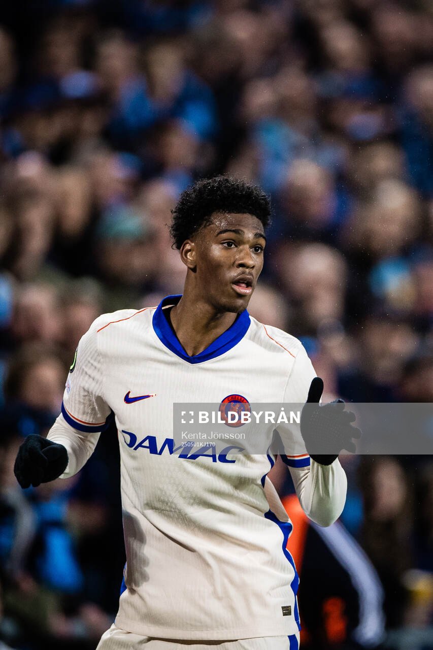 Joshua Acheampong of Chelsea during the UEFA Conference League semifinal between Djurgården and Chelsea on May 1, 2025 in Stockholm.
