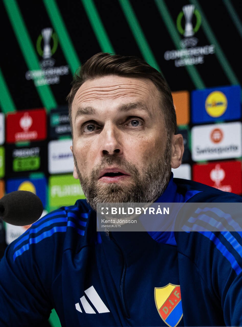 Coach Jani Honkavaara of Djurgården during the press conference after the UEFA Conference League semifinal between Djurgården and Chelsea on May 1, 2025 in Stockholm.