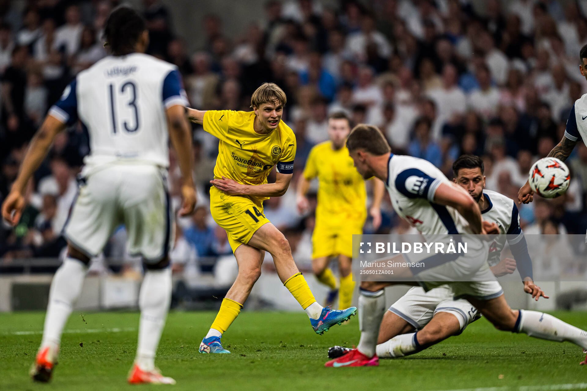 Ulrik Saltnes of Bodø/Glimt scores the 3-1 goal during the UEFA Europa League semi-final football match between Tottenham and Bodø/Glimt on May 1, 2025 in London.