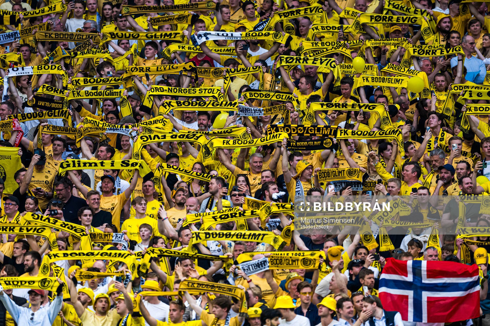 Spectators in the stands ahead of the UEFA Europa League semi-final football match between Tottenham and Bodø/Glimt on May 1, 2025 in London.