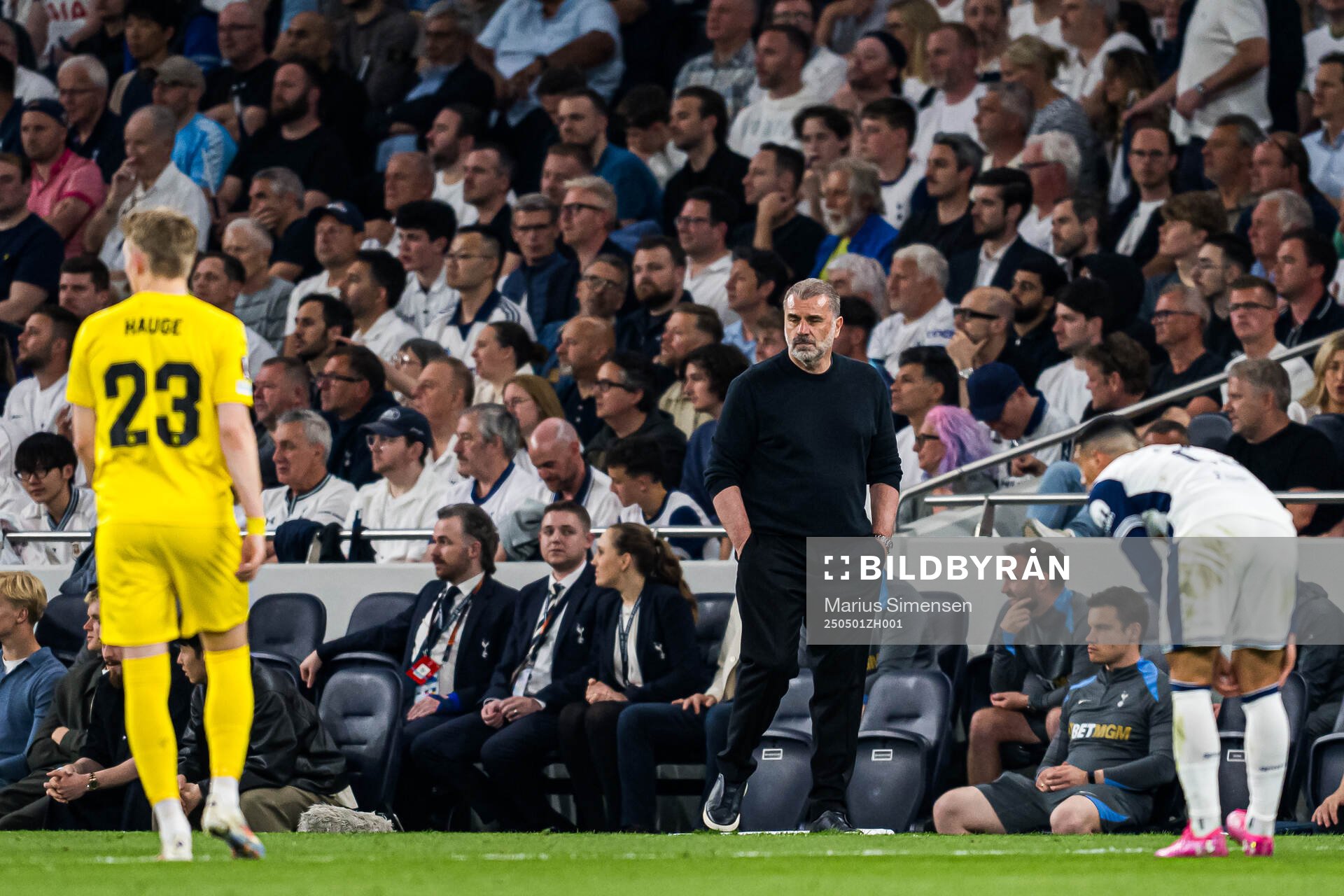 Ange Postecoglou, head coach of Tottenham, during the UEFA Europa League semi-final football match between Tottenham and Bodø/Glimt on May 1, 2025 in London.