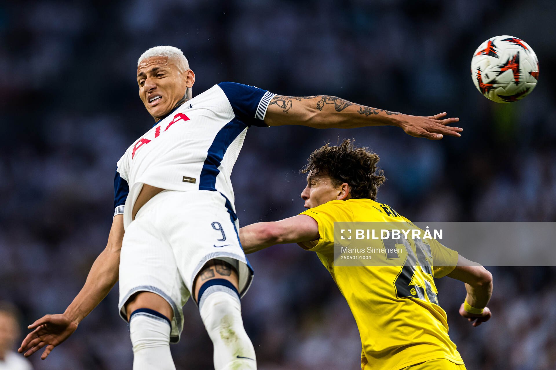 Richarlison of Tottenham and Isak Dybvik Määttä of Bodø/Glimt during the UEFA Europa League semi-final football match between Tottenham and Bodø/Glimt on May 1, 2025 in London.