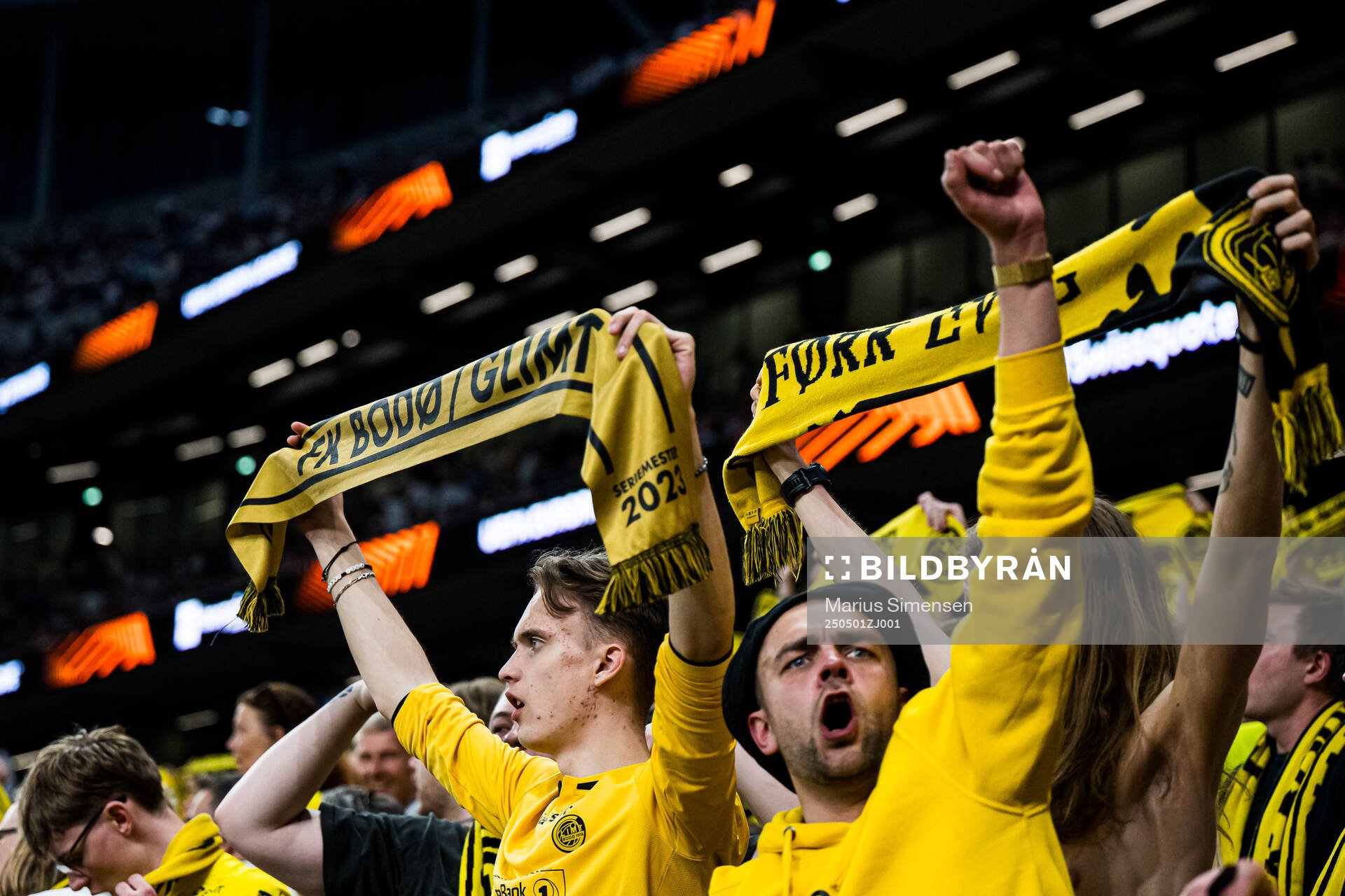 Spectators in the stands during the UEFA Europa League semi-final football match between Tottenham and Bodø/Glimt on May 1, 2025 in London.