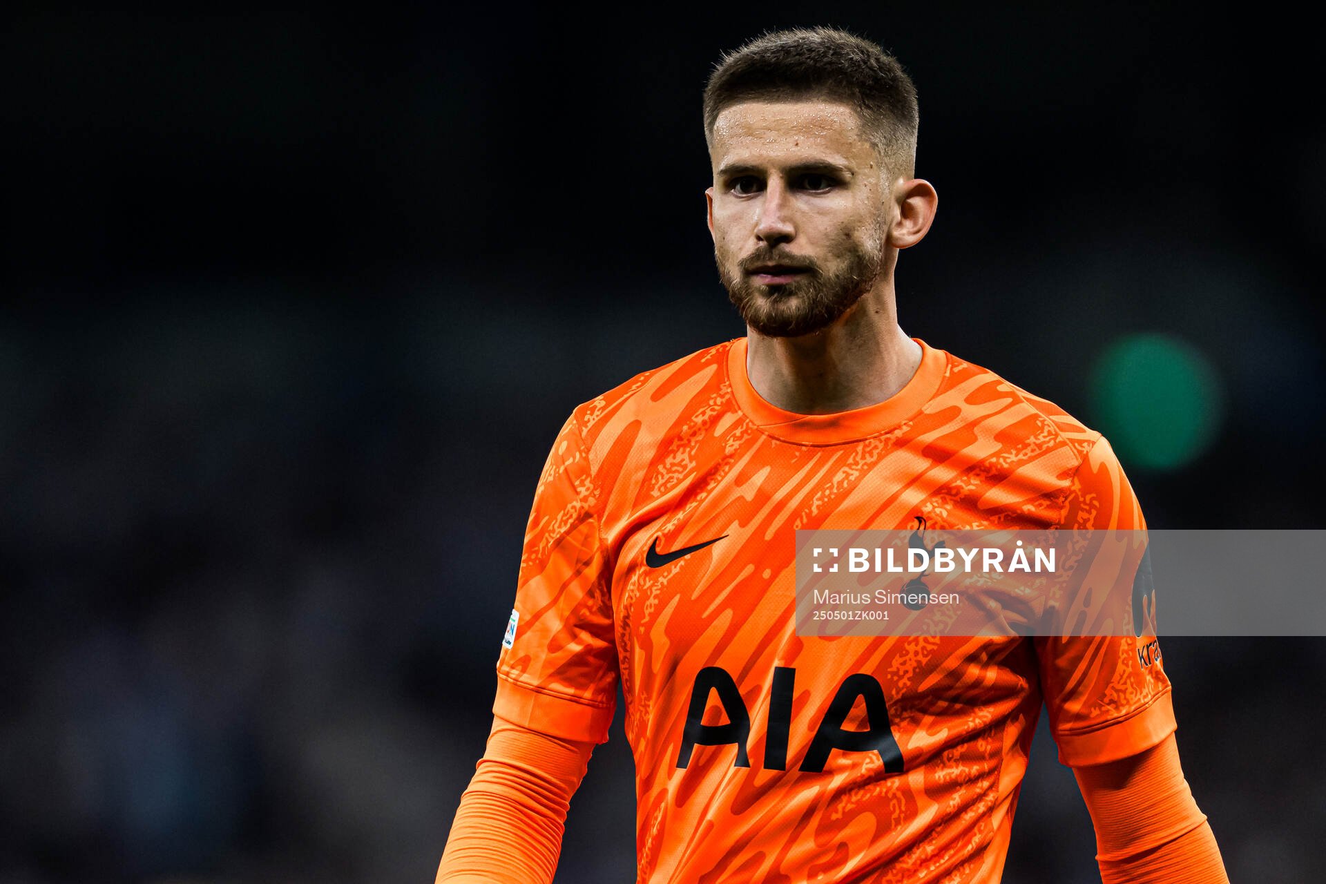 Guglielmo Vicario of Tottenham during the UEFA Europa League semi-final football match between Tottenham and Bodø/Glimt on May 1, 2025 in London.