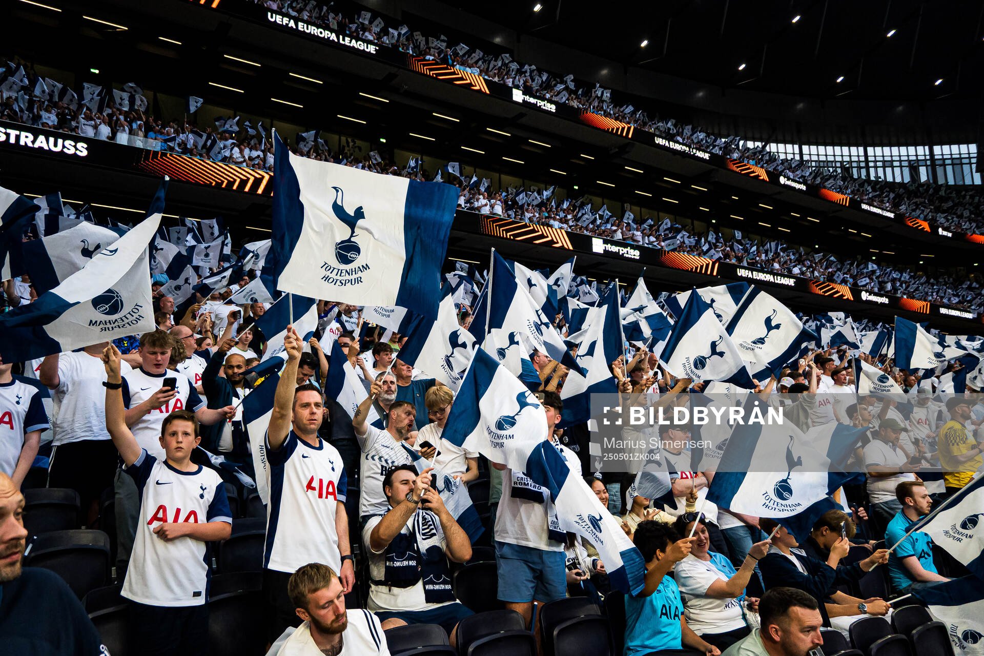Spectators in the stands ahead of the UEFA Europa League semi-final football match between Tottenham and Bodø/Glimt on May 1, 2025 in London.
