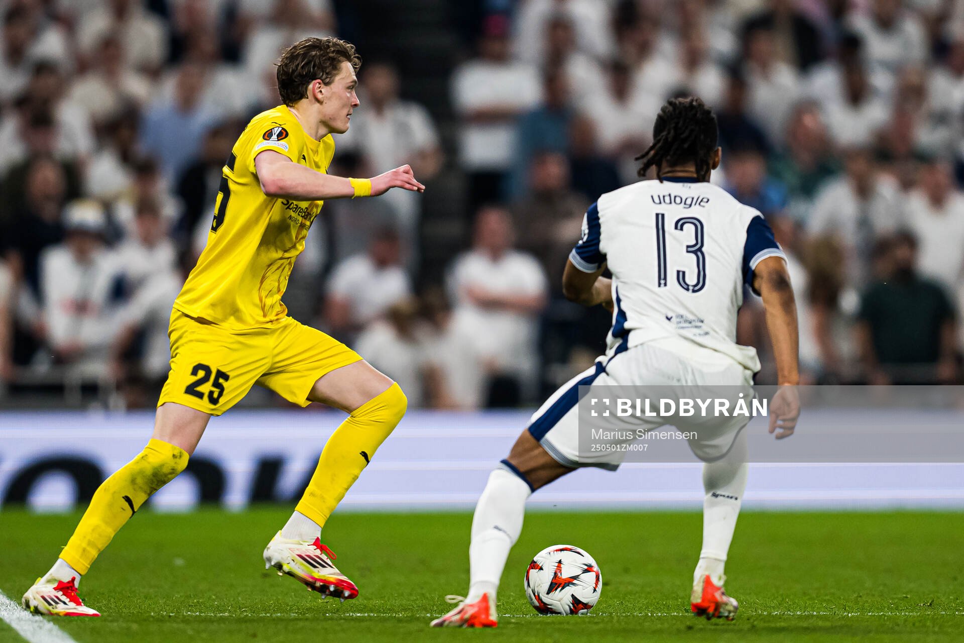 Isak Dybvik Määttä of Bodø/Glimt during the UEFA Europa League semi-final football match between Tottenham and Bodø/Glimt on May 1, 2025 in London.