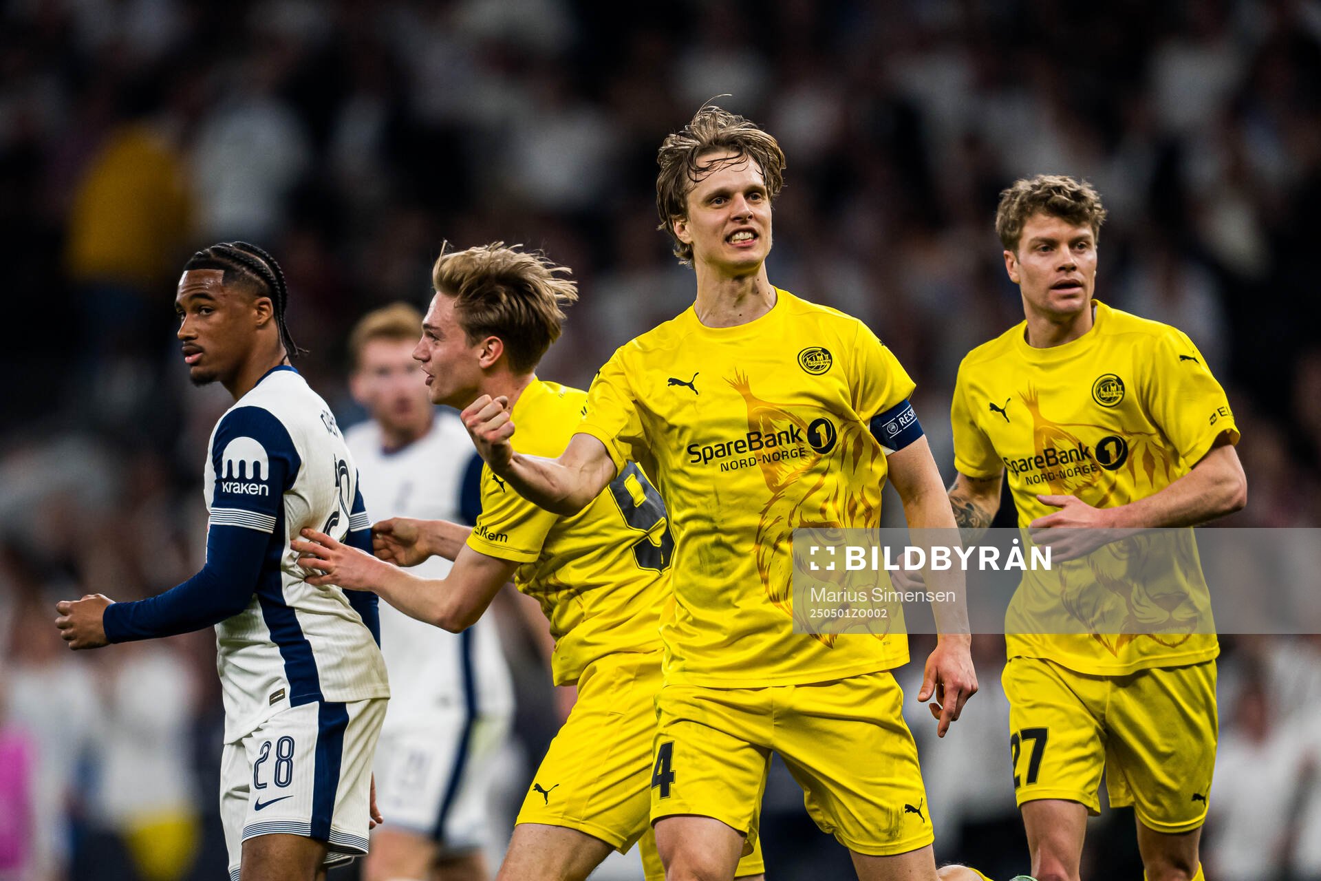Ulrik Saltnes of Bodø/Glimt celebrates after scoring the 3-1 goal during the UEFA Europa League semi-final football match between Tottenham and Bodø/Glimt on May 1, 2025 in London.
