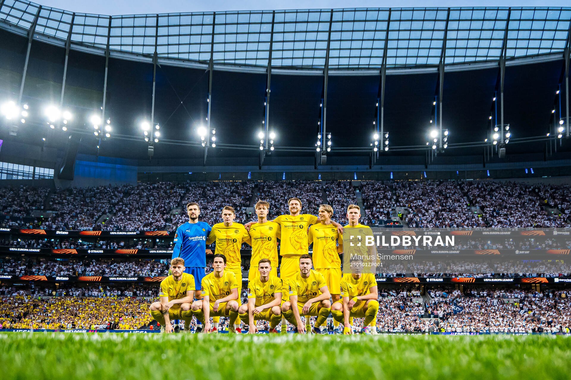 The starting eleven of Bodø/Glimt, from the top left; Nikita Haikin, Isak Dybvik Määttä, Villads Nielsen, Kasper Høgh, Ulrik Saltnes, Jens Petter Hauge, Ole Didrik Blomberg, Sondre Brunstad Fet, Fredrik Sjøvold, Fredrik Bjørkan ad Jostein Gundersen poses for a team group photo ahead of the UEFA Europa League semi-final football match between Tottenham and Bodø/Glimt on May 1, 2025 in London.