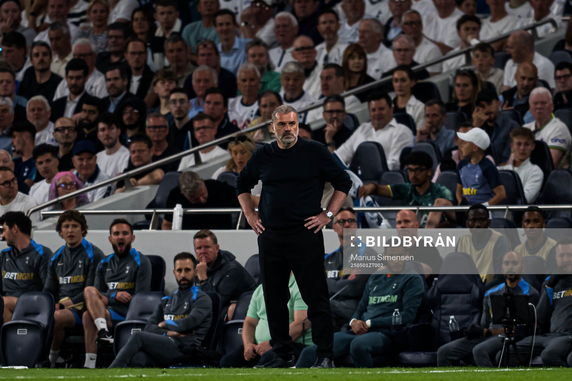 Ange Postecoglou, head coach of Tottenham, during the UEFA Europa League semi-final football match between Tottenham and Bodø/Glimt on May 1, 2025 in London.