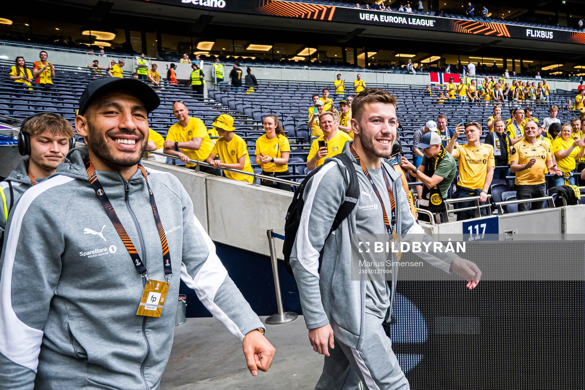 Haitam Aleesami and Fredrik Bjørkan of Bodø/Glimt arrives ahead of the UEFA Europa League semi-final football match between Tottenham and Bodø/Glimt on May 1, 2025 in London.