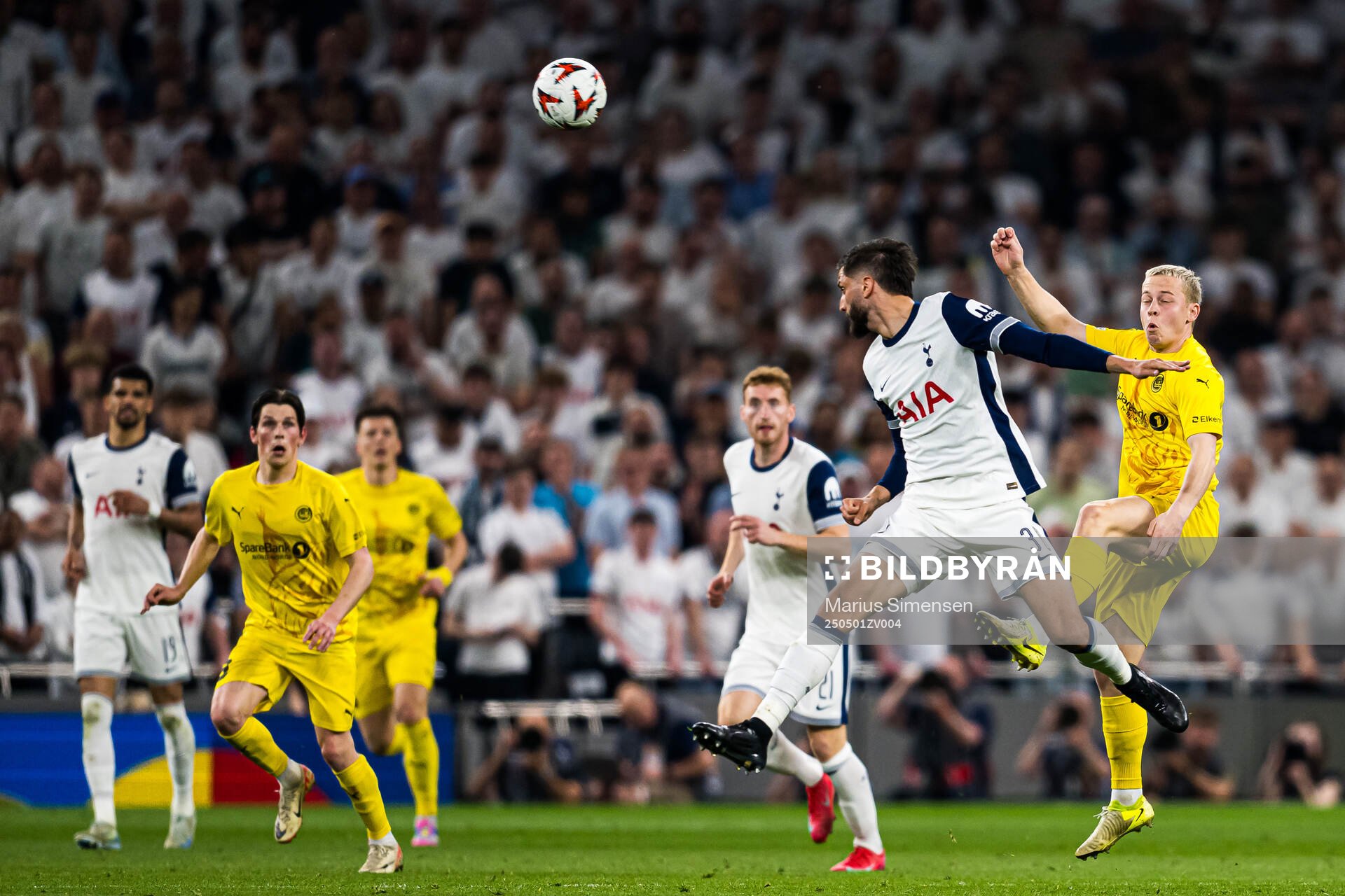 Rodrigo Bentancur of Tottenham and Sondre Auklend of Bodø/Glimt during the UEFA Europa League semi-final football match between Tottenham and Bodø/Glimt on May 1, 2025 in London.