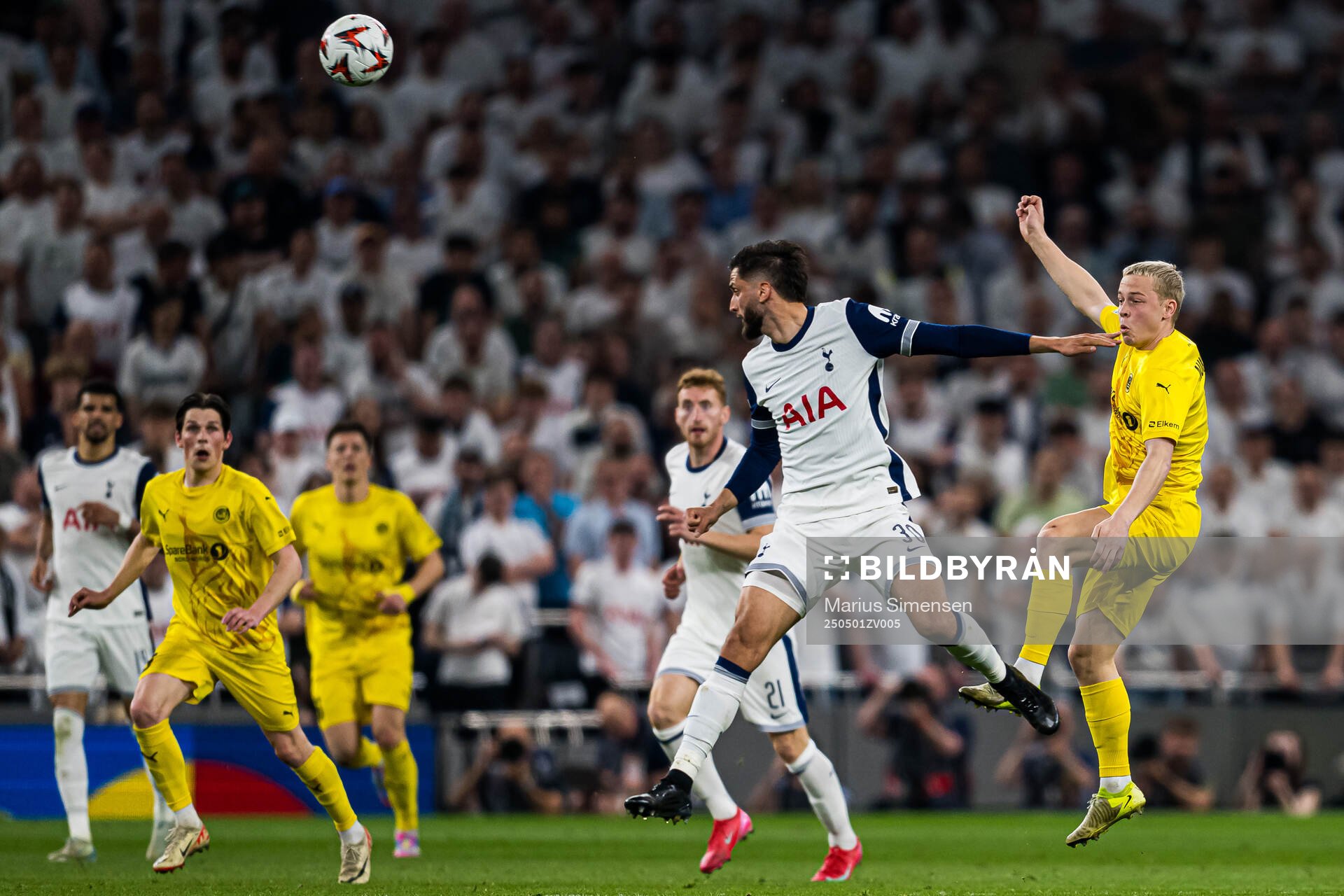 Rodrigo Bentancur of Tottenham and Sondre Auklend of Bodø/Glimt during the UEFA Europa League semi-final football match between Tottenham and Bodø/Glimt on May 1, 2025 in London.