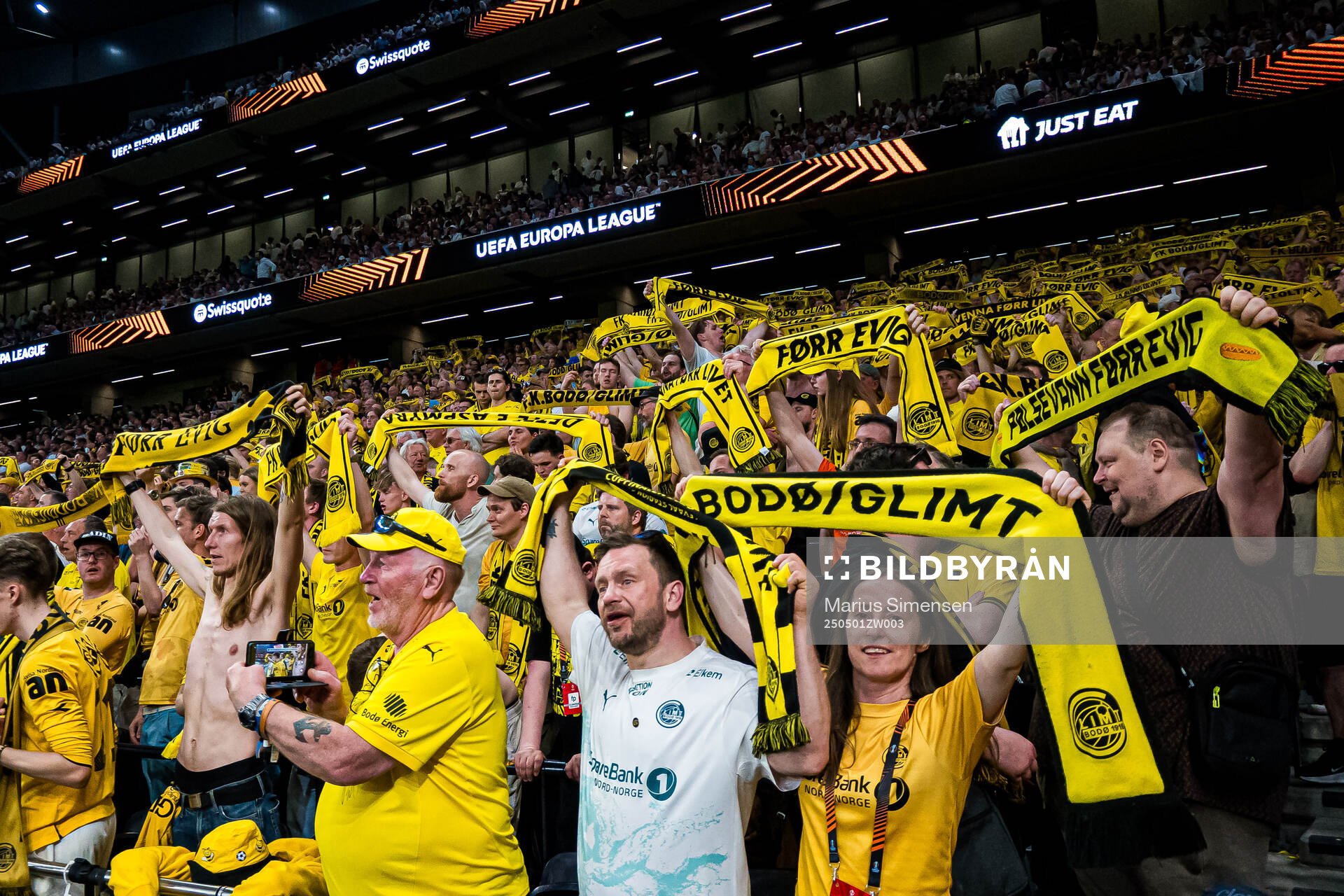 Spectators in the stands during the UEFA Europa League semi-final football match between Tottenham and Bodø/Glimt on May 1, 2025 in London.