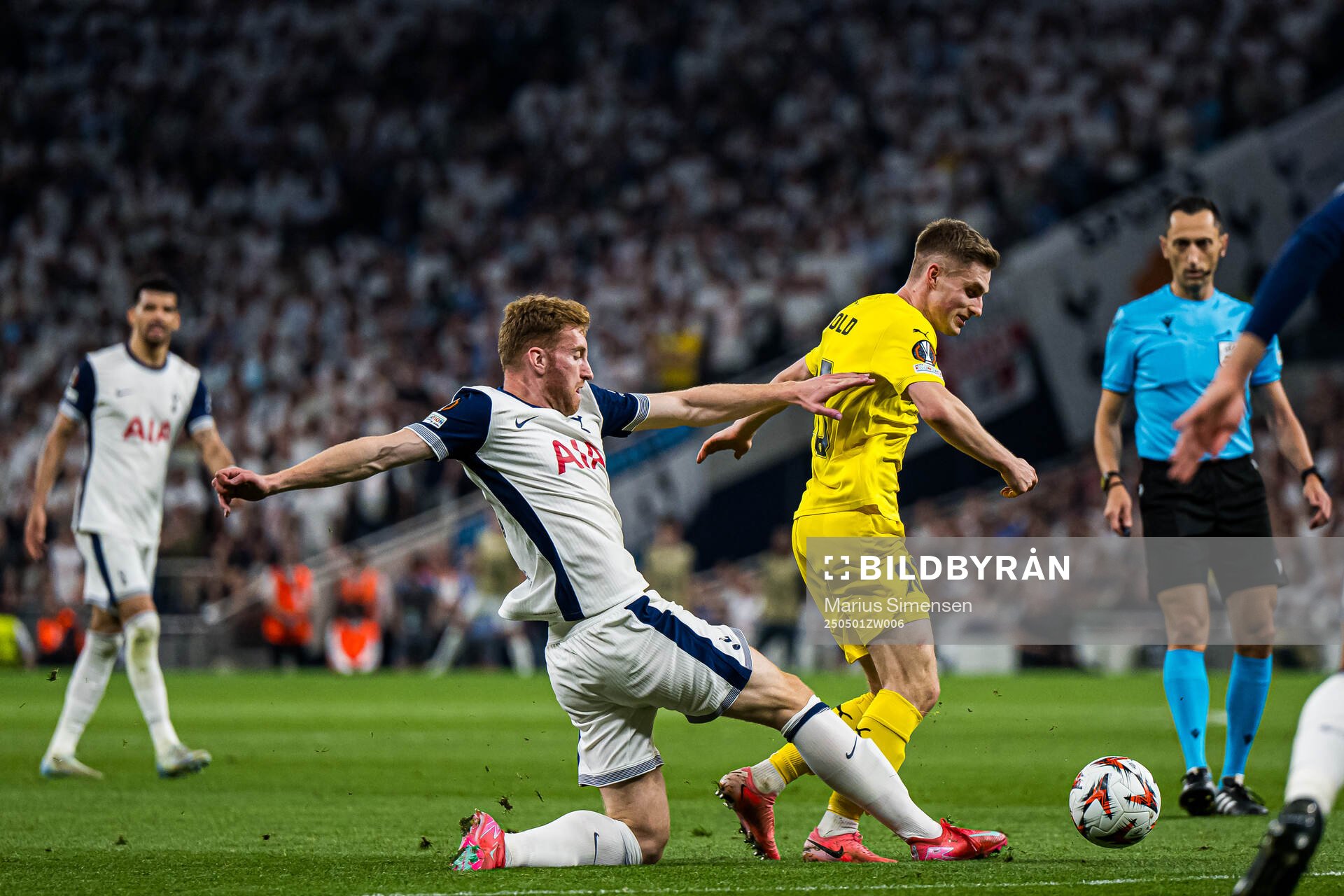 Dejan Kulusevski of Tottenham and Fredrik Sjøvold of Bodø/Glimt during the UEFA Europa League semi-final football match between Tottenham and Bodø/Glimt on May 1, 2025 in London.