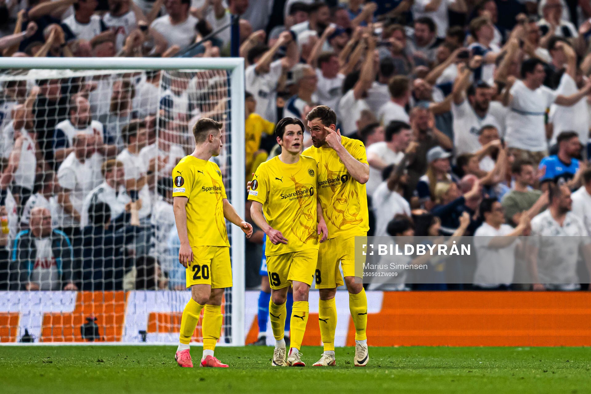 Fredrik Sjøvold, Sondre Brunstad Fet and Brede Moe of Bodø/Glimt during the UEFA Europa League semi-final football match between Tottenham and Bodø/Glimt on May 1, 2025 in London.