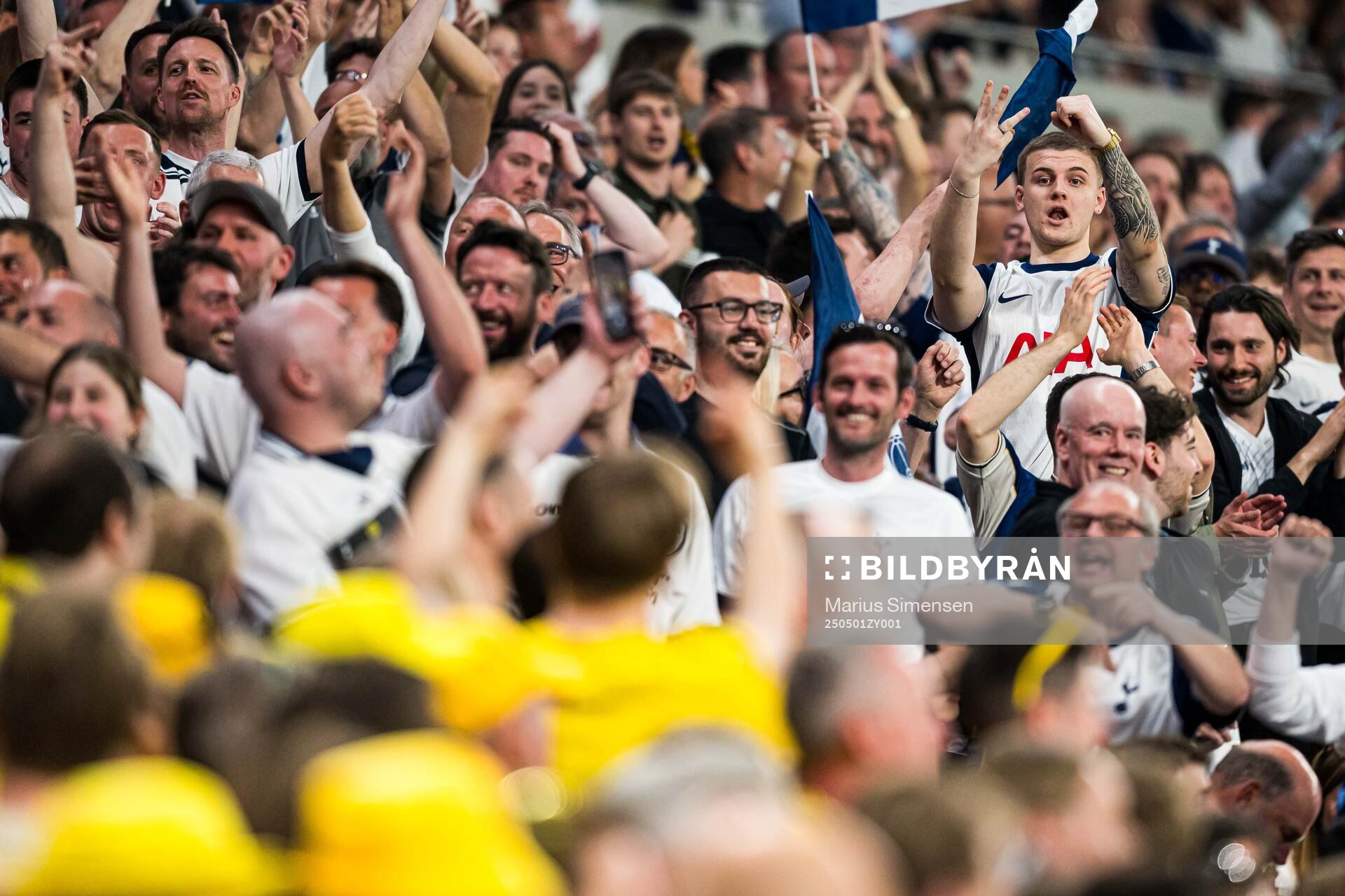 Spectators in the stands celebrates after 3-0 during the UEFA Europa League semi-final football match between Tottenham and Bodø/Glimt on May 1, 2025 in London.