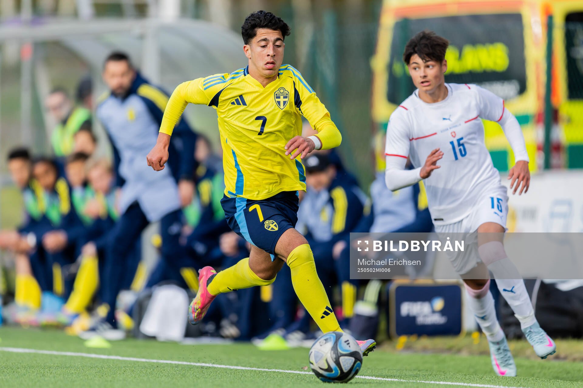 Rayan Bardghji of Sweden and Patrik Bartos of Czech Republic during the UEFA Development Tournament between Sweden and Czech Republic on May 2, 2025 in Lysekil.