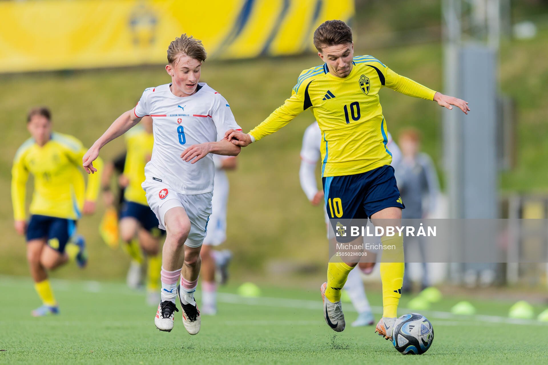 Šimon Vybiral of Czech Republic and Alexander Odefalk of Sweden during the UEFA Development Tournament between Sweden and Czech Republic on May 2, 2025 in Lysekil.