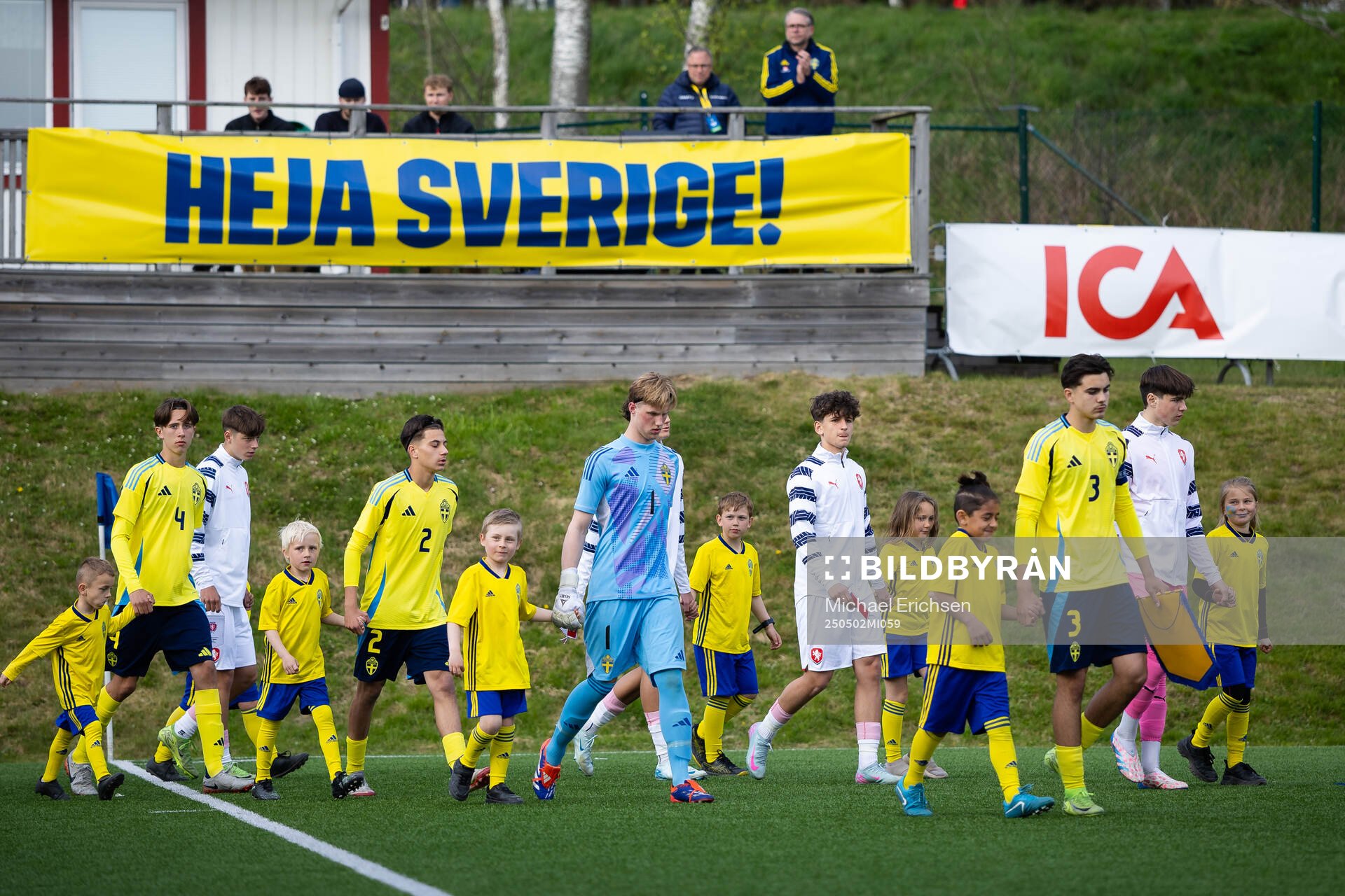 Truls Flodin Furuseth, Elias Khalil, goalkepper Svante Stangenberg and Vicente Ponnert Hidalgo of Sweden ahead of the UEFA Development Tournament between Sweden and Czech Republic on May 2, 2025 in Lysekil.