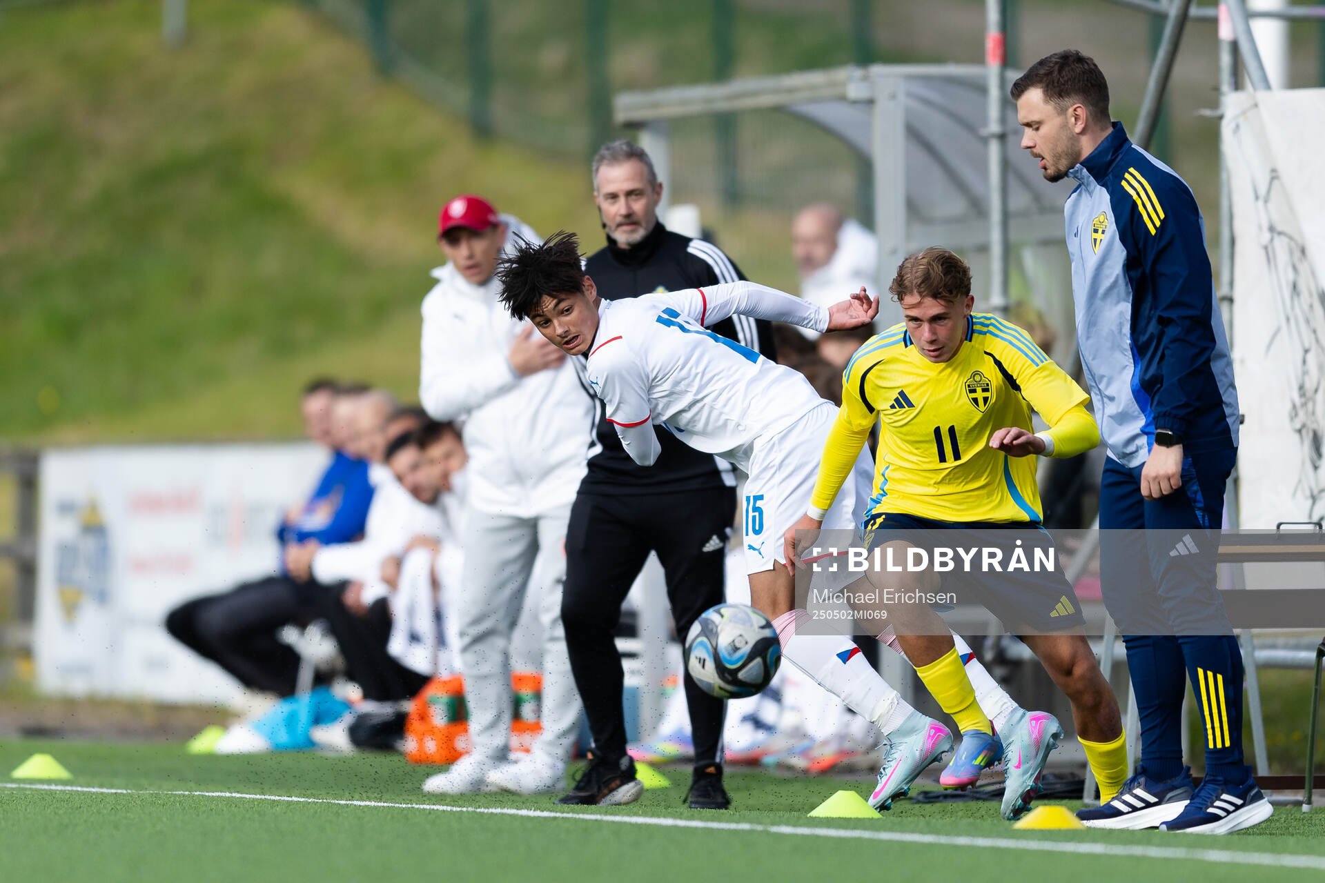 Patrik Bartos of Czech Republic and Dion Mehmeti of Sweden during the UEFA Development Tournament between Sweden and Czech Republic on May 2, 2025 in Lysekil.