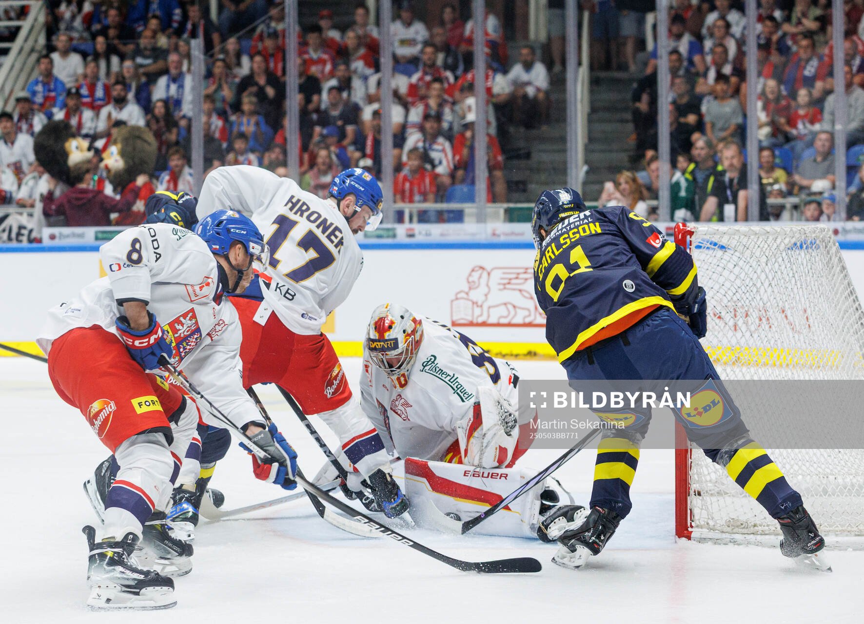 Goaltender Daniel Vladar of Czech Republic and Leo Carlsson