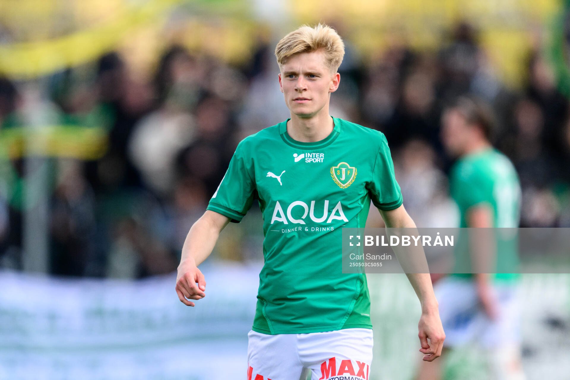 Jönköpings Södras Isak Ellbring under fotbollsmatchen i Ettan södra mellan Skövde AIK och Jönköpings Södra den 3 maj 2025 i Skövde.