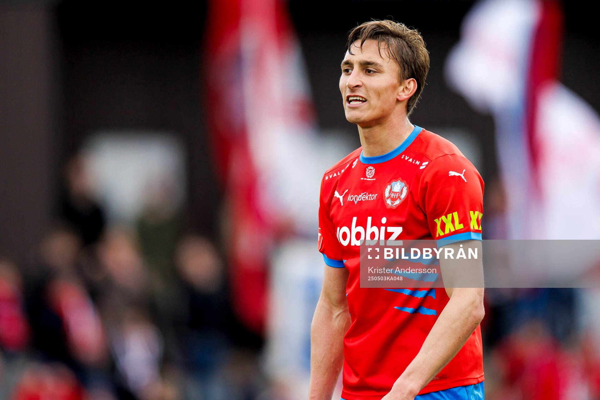 Helsingborgs Wilhelm Nilsson  under fotbollsmatchen i Superettan mellan Varberg och Helsingborg den 3 maj 2025 i Varberg. 
