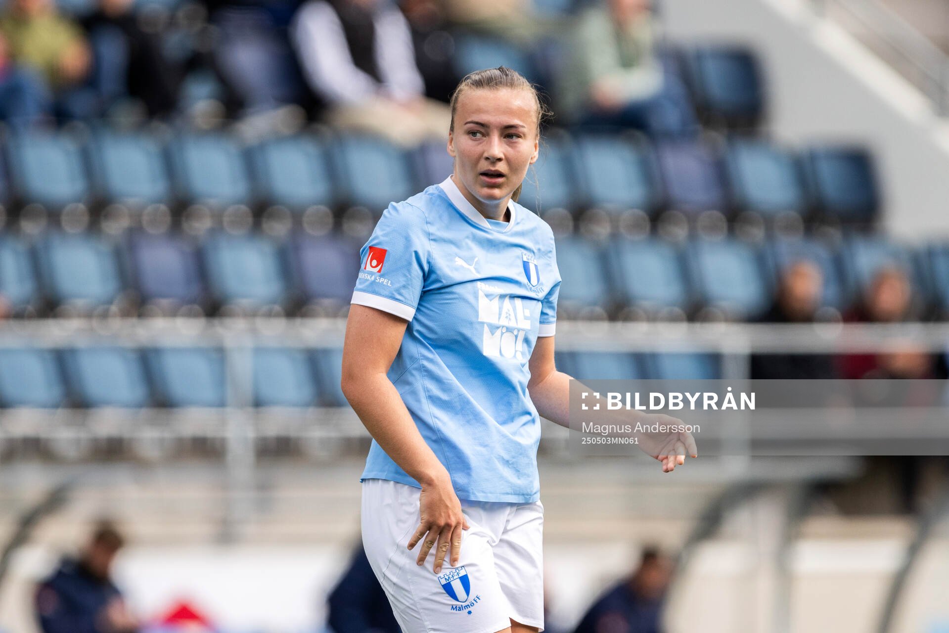 Malmö FFs Sara Kanutte Sørensen Fornes under fotbollsmatchen i Damallsvenskan mellan Linköping och Malmö FF den 3 maj 2025 i Linköping.