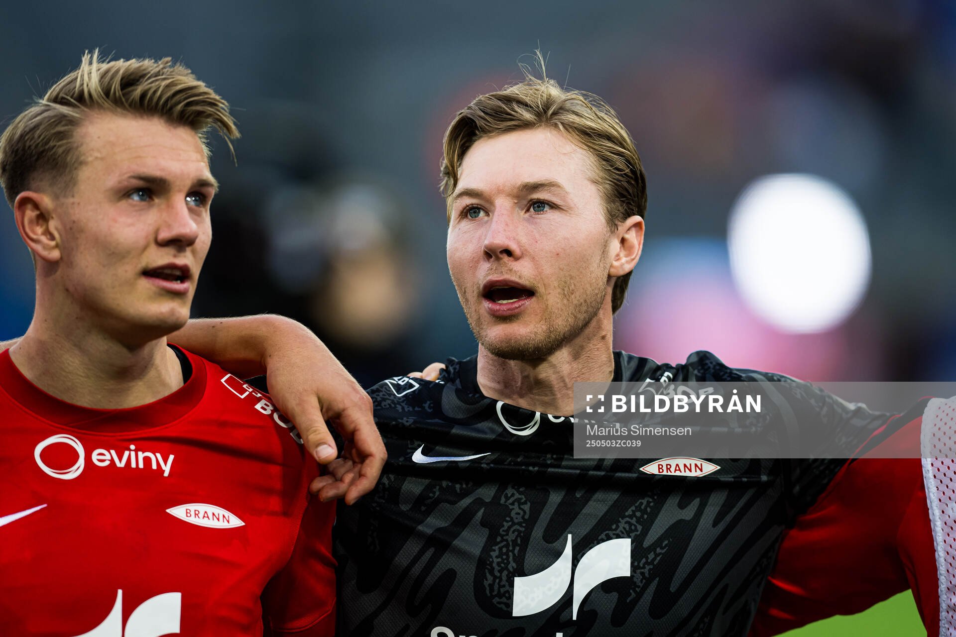 Emil Kornvig and Mathias Dyngeland of Brann after the Eliteserien match between Vålerenga and Brann on May 3, 2025 in Oslo. 
