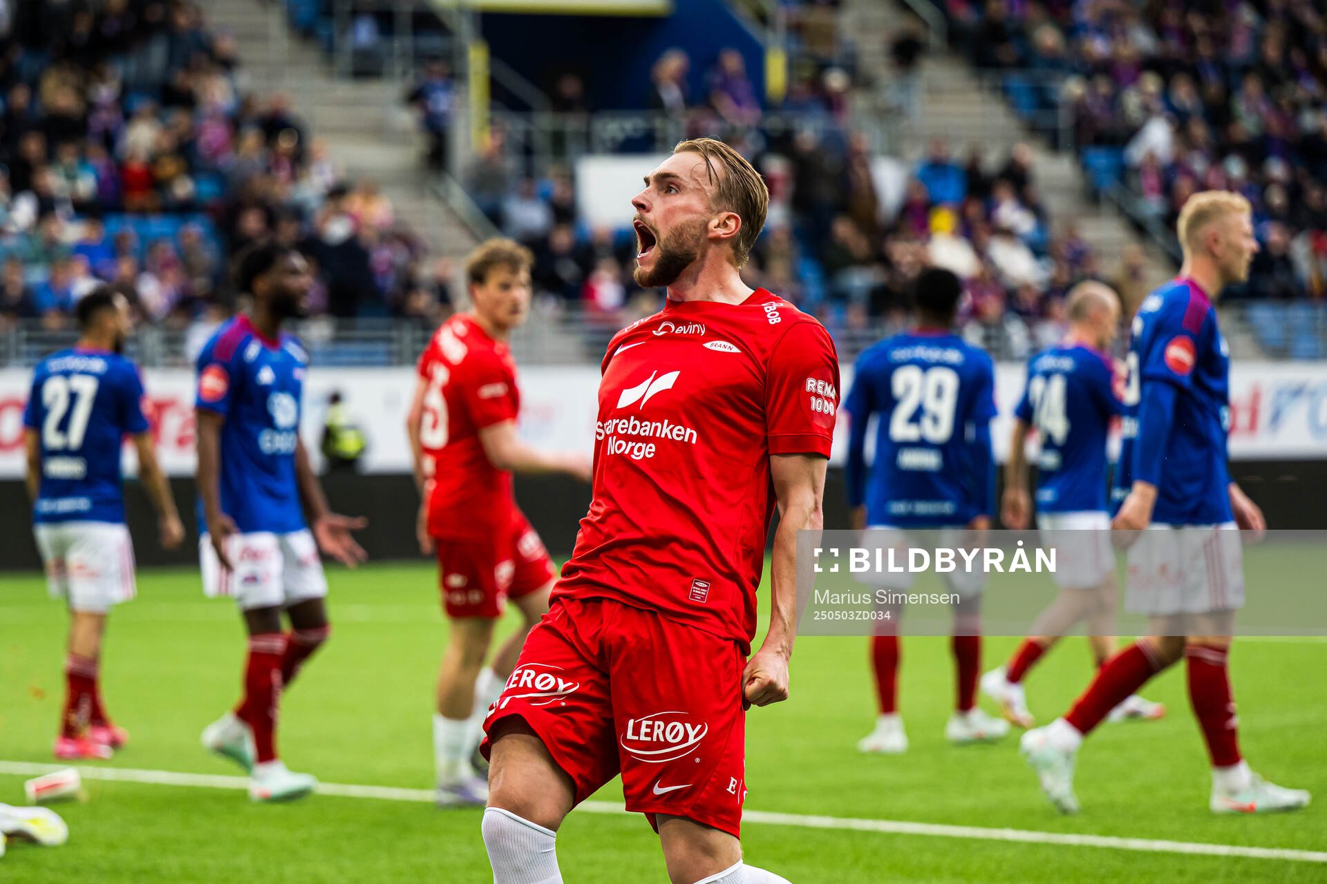 Mads Berg Sande of Brann celebrates after scoring the 2-3 goal during the Eliteserien match between Vålerenga and Brann on May 3, 2025 in Oslo.