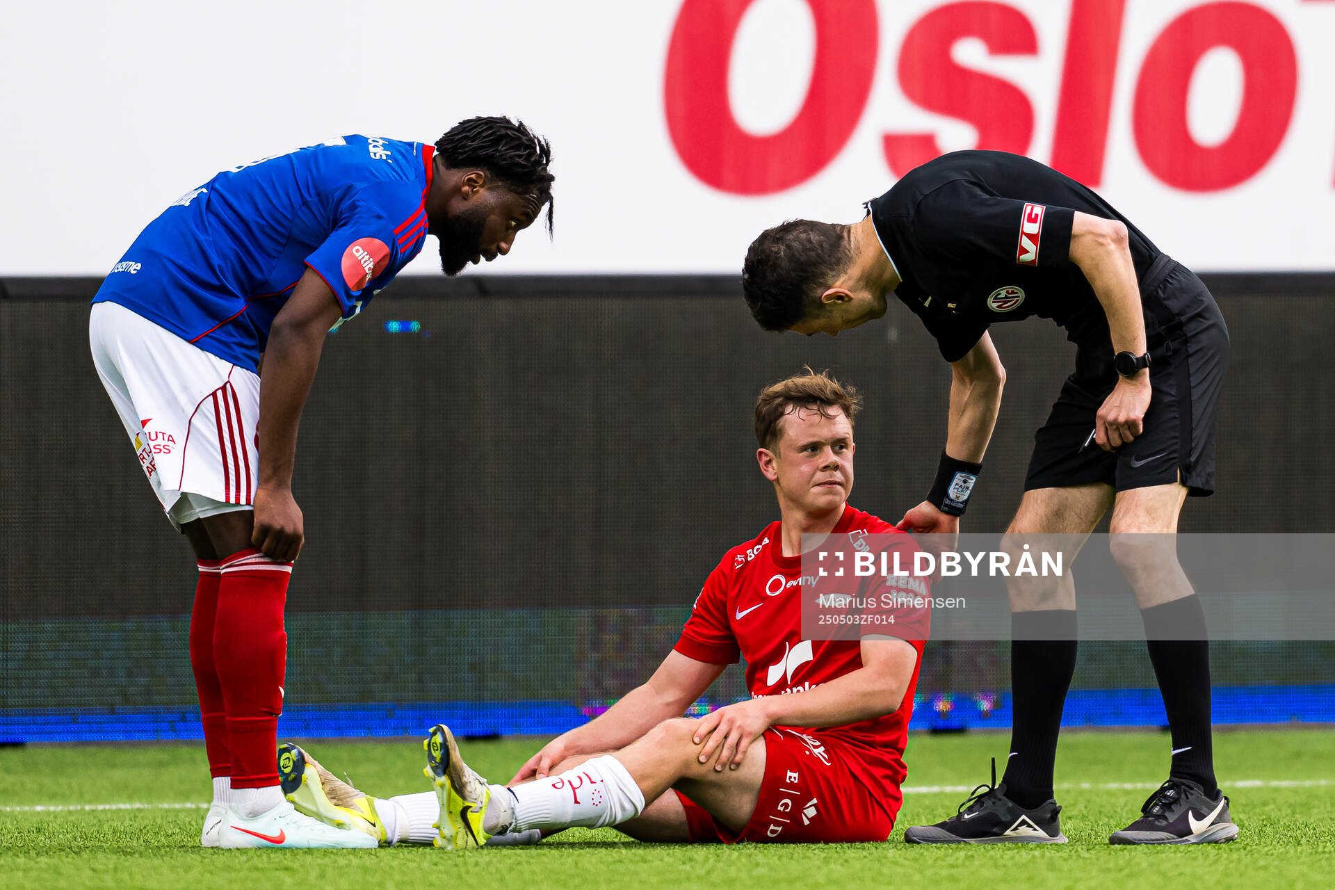 Eggert Aron Gudmundsson of Brann with an injury during the Eliteserien match between Rosenborg and Molde on May 3, 2025 in Oslo. 