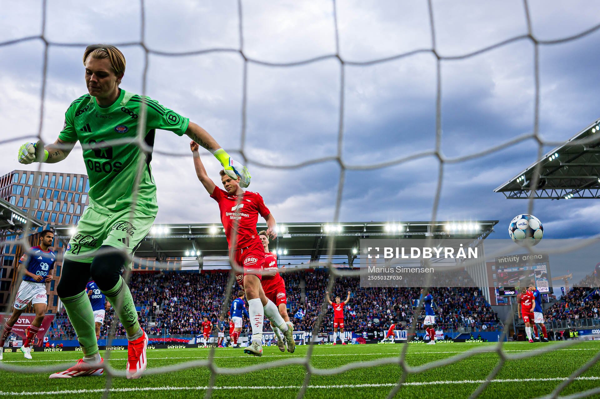Aune Heggebø of Brann celebrates after scoring the 2-4 goal on a penalty kick during the Eliteserien match between Vålerenga and Brann on May 3, 2025 in Oslo.