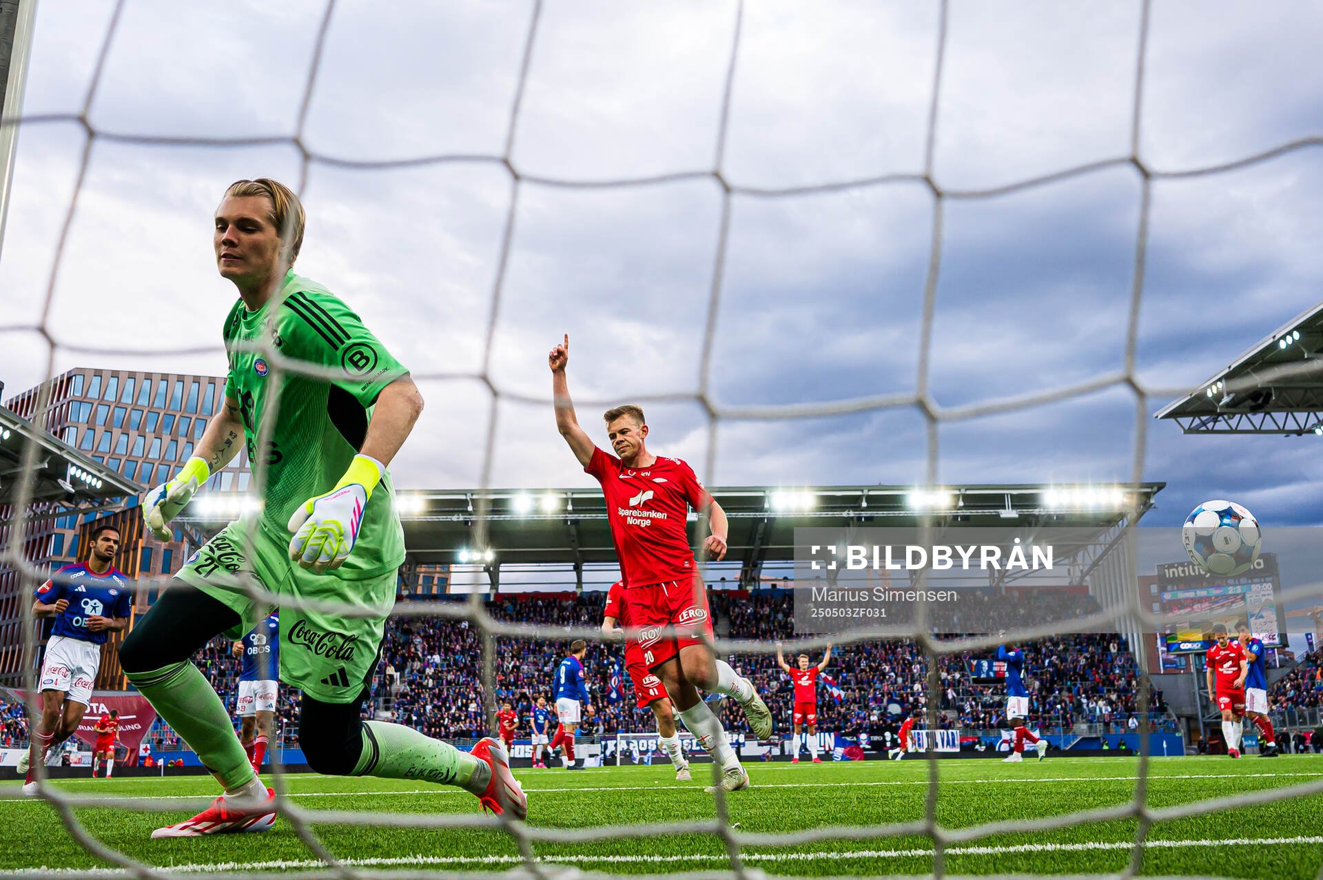 Aune Heggebø of Brann celebrates after scoring the 2-4 goal on a penalty kick during the Eliteserien match between Vålerenga and Brann on May 3, 2025 in Oslo.